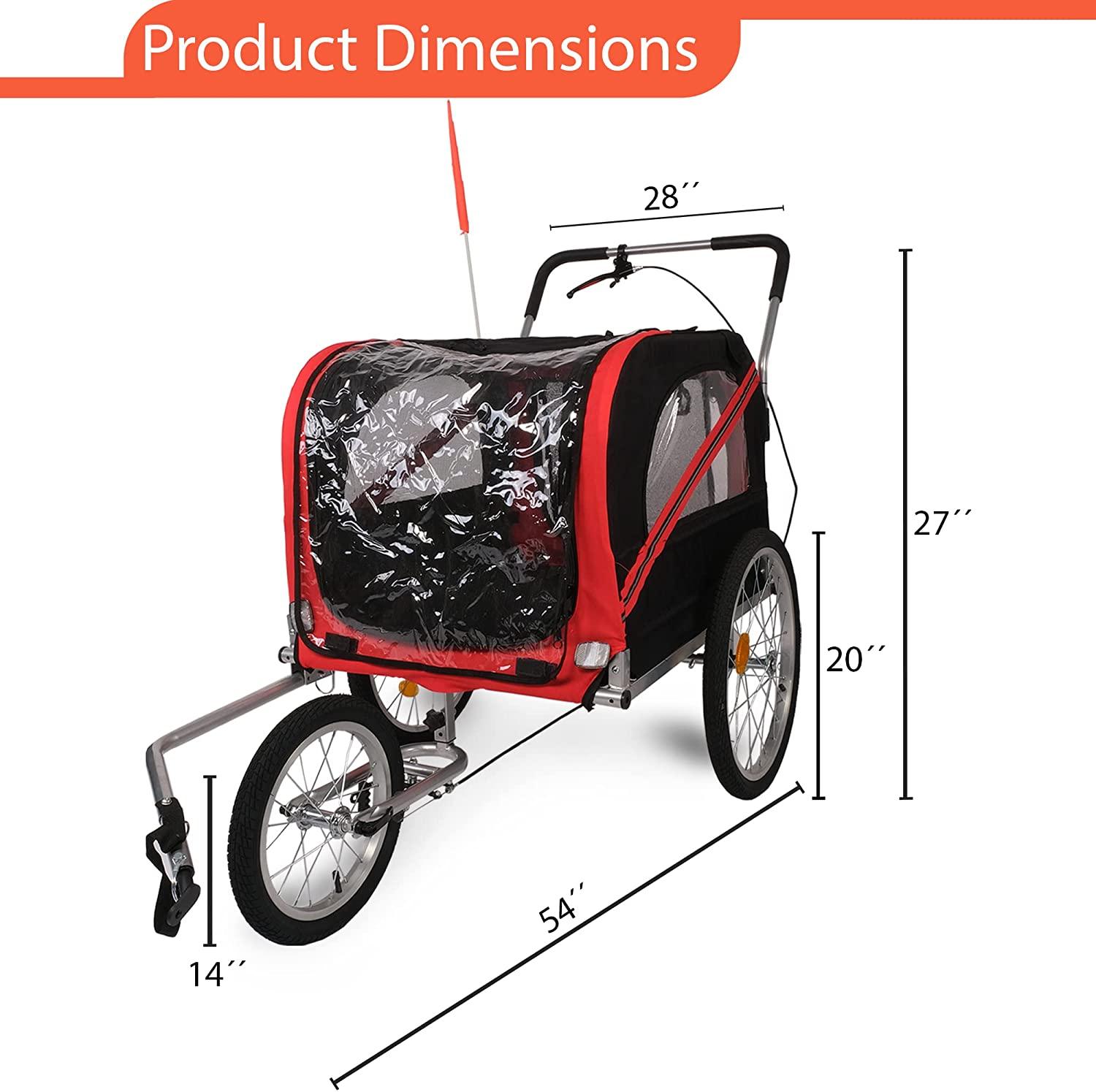 Dog Bike Trailer Cart 2 in 1 Pet Bicycle Stroller for Travel with Reflectors Parking Brake Breathable Protective Net, Red - Bosonshop