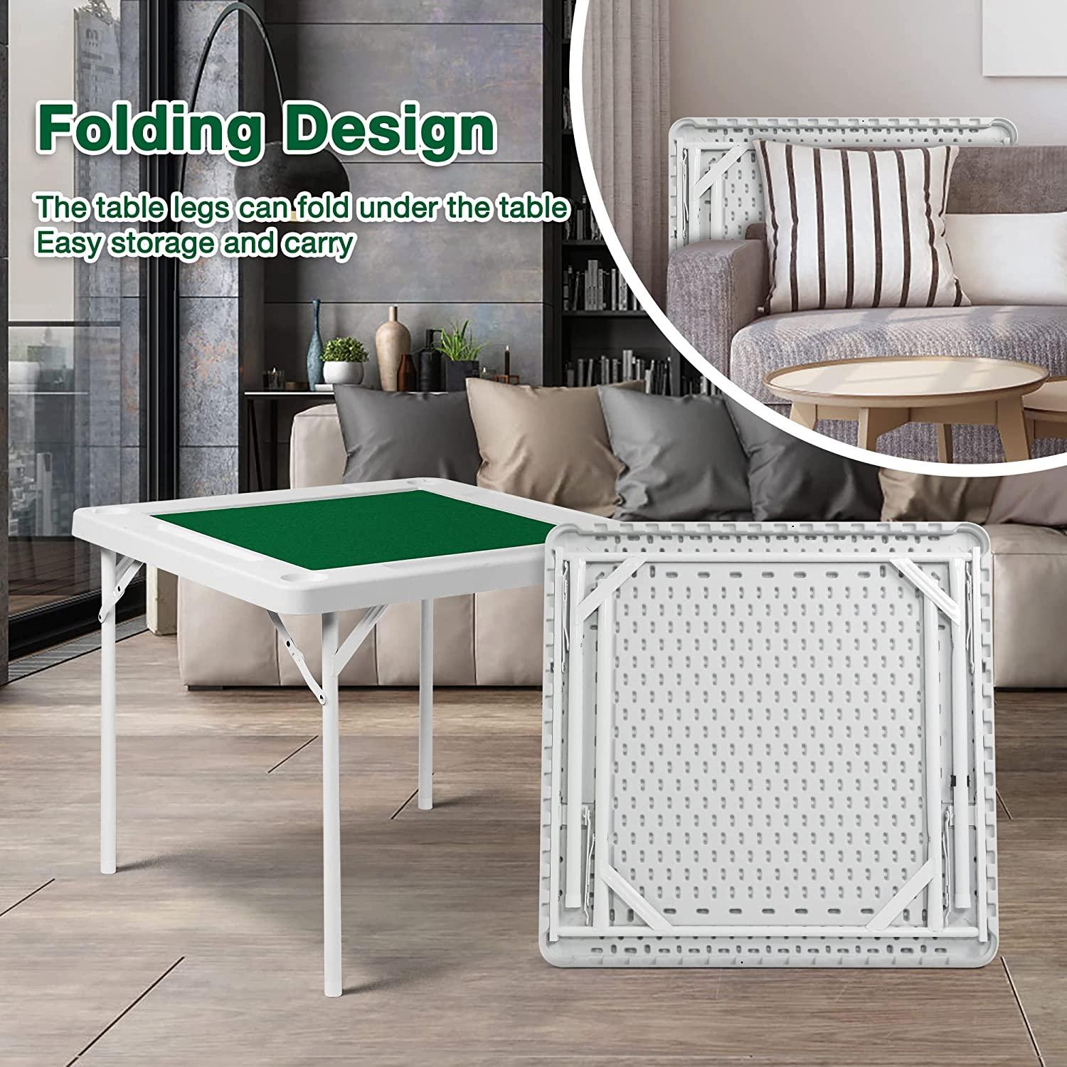 Folding Mahjong Table 35.4" Foldable Square 4 Player Card Poker Table with Cup Holders & Chip Trays for Playing Mahjong - Bosonshop