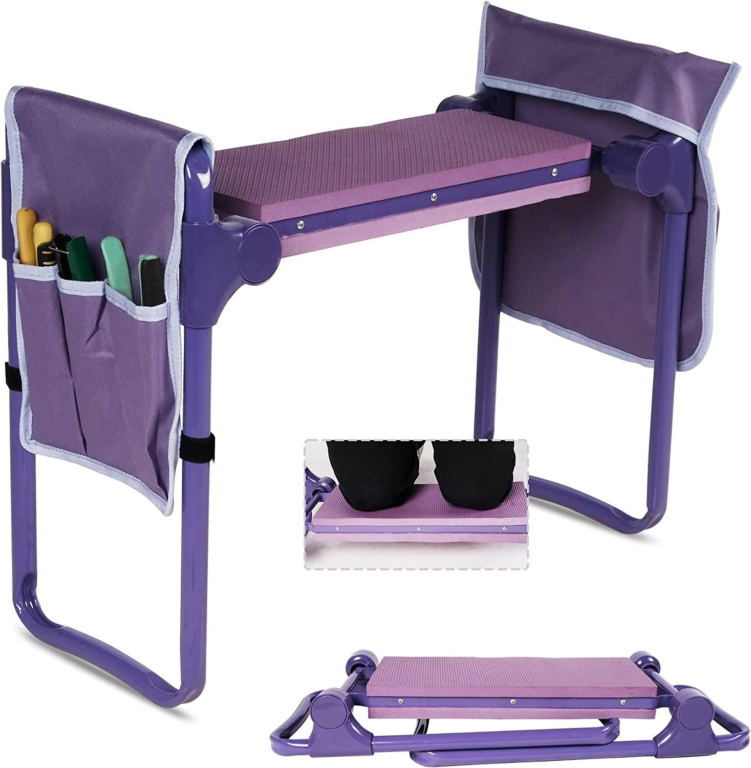 Garden Kneeler and Seat Upgraded Gardening Stool Bench with 2 Tool Pouches & EVA Foam Pad, Purple - Bosonshop