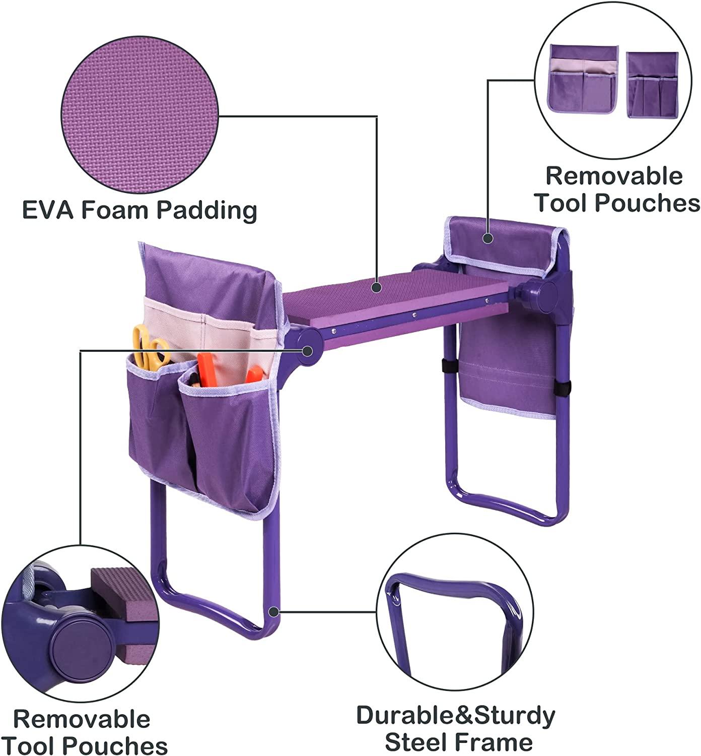 Garden Kneeler and Seat Upgraded Gardening Stool Bench with 2 Tool Pouches & EVA Foam Pad, Purple - Bosonshop