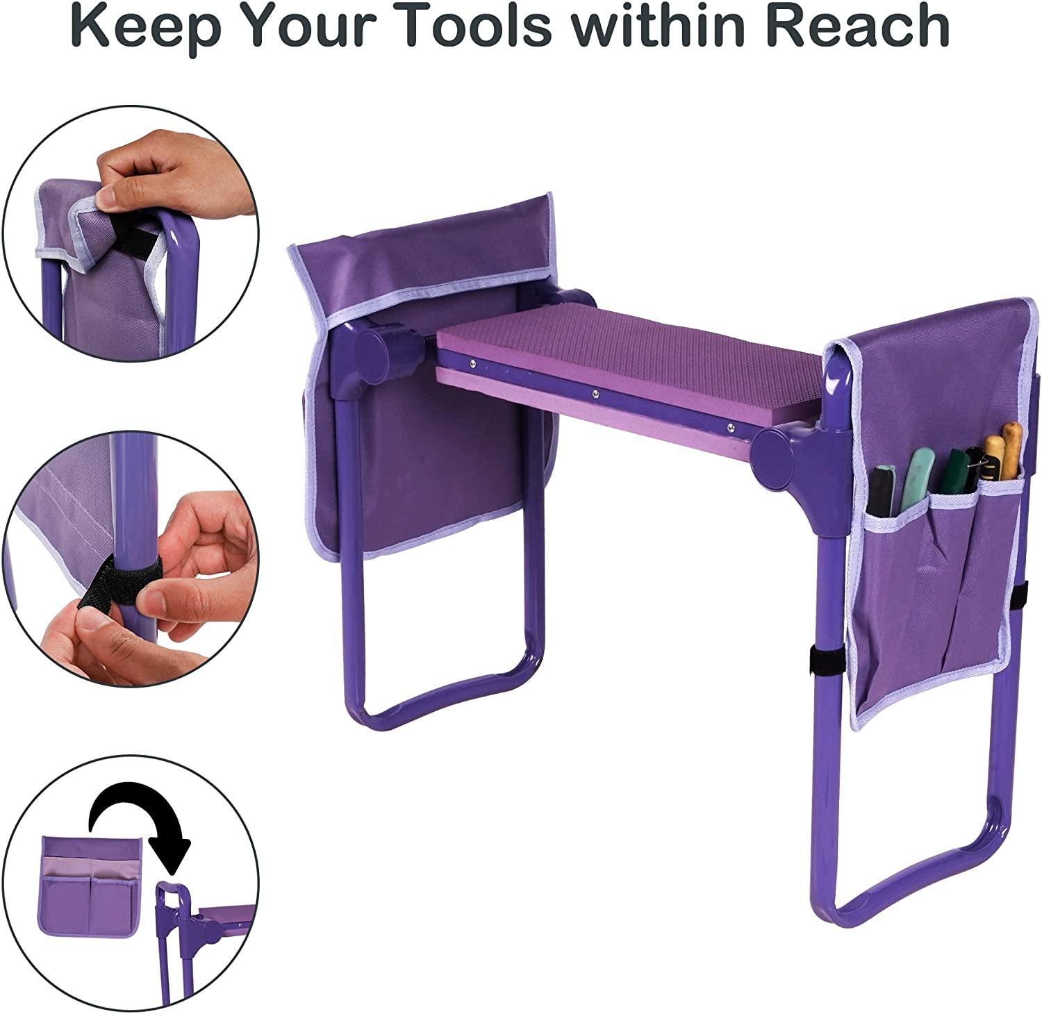 Garden Kneeler and Seat Upgraded Gardening Stool Bench with 2 Tool Pouches & EVA Foam Pad, Purple - Bosonshop