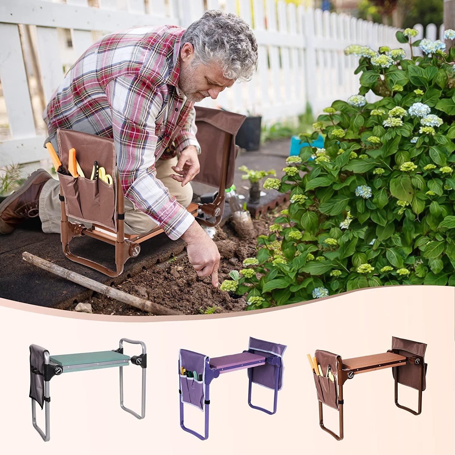 Garden Kneeler Seat Stool Garden Folding Bench with 2 Tool Pouches & EVA Foam Kneeling Pad, Brown - Bosonshop