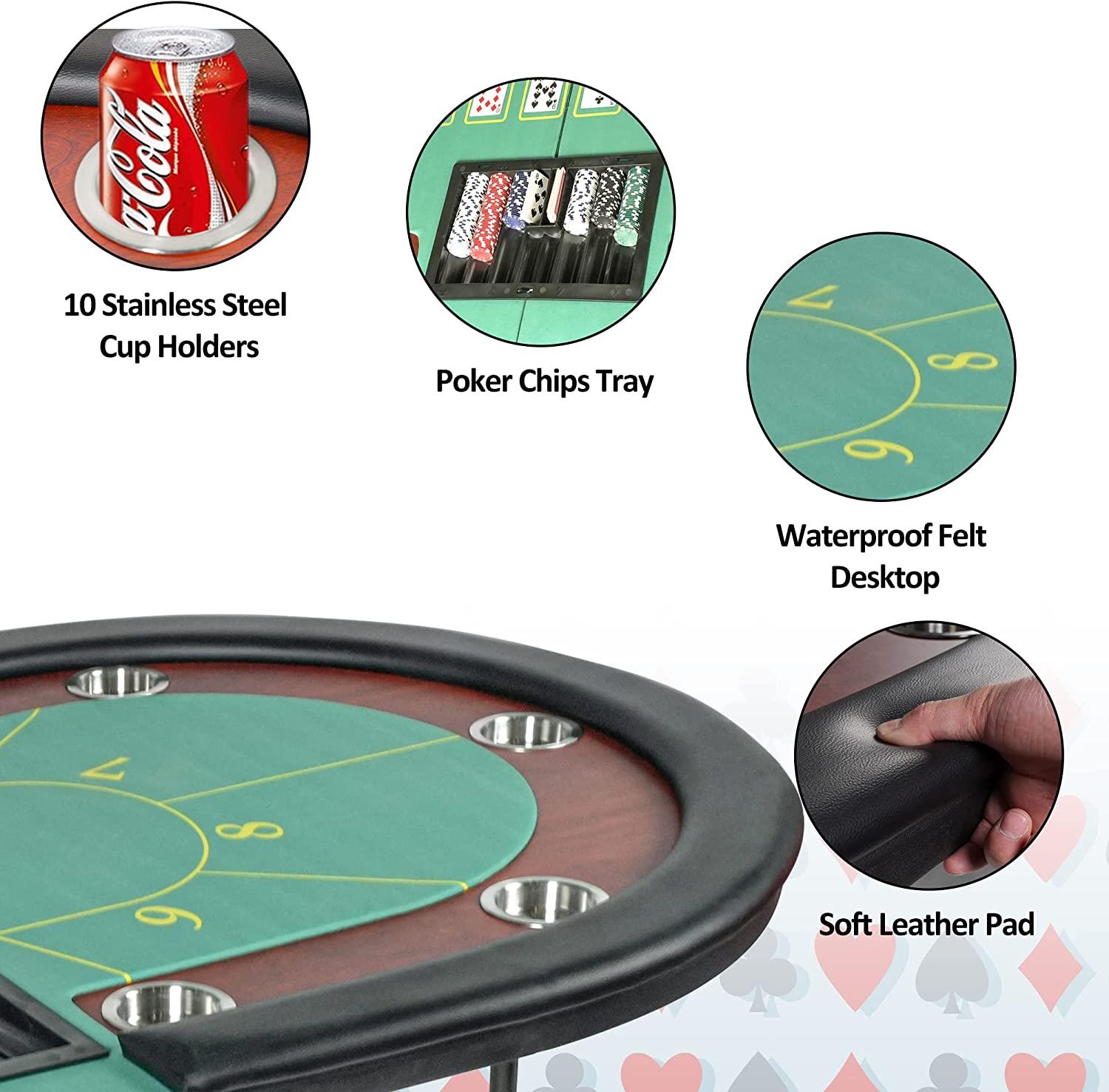 10 Player Oval Folding Poker Table Texas Holdem Poker Table with Stainless Steel Cup Holders, Green - Bosonshop