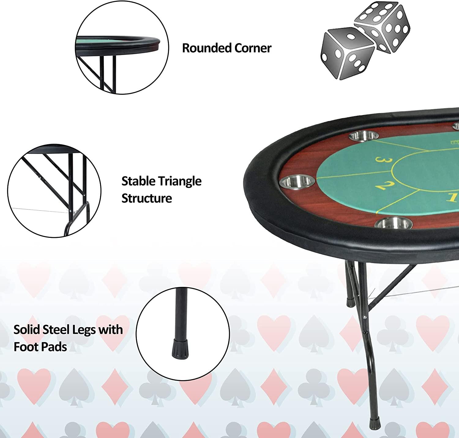 10 Player Oval Folding Poker Table Texas Holdem Poker Table with Stainless Steel Cup Holders, Green - Bosonshop