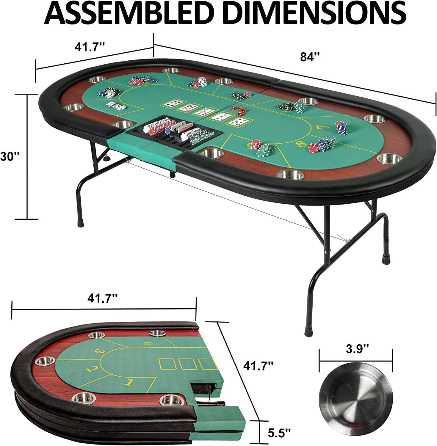 10 Player Oval Folding Poker Table Texas Holdem Poker Table with Stainless Steel Cup Holders, Green - Bosonshop