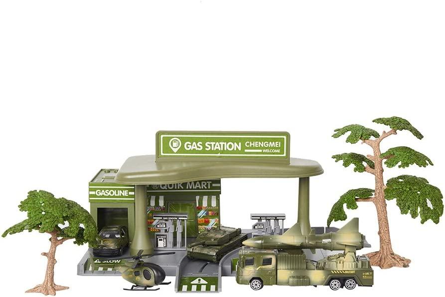 Pretend Toddler's Military Gasoline Station Toy Set with Cars, Green Color Army Men Vehicles - Bosonshop