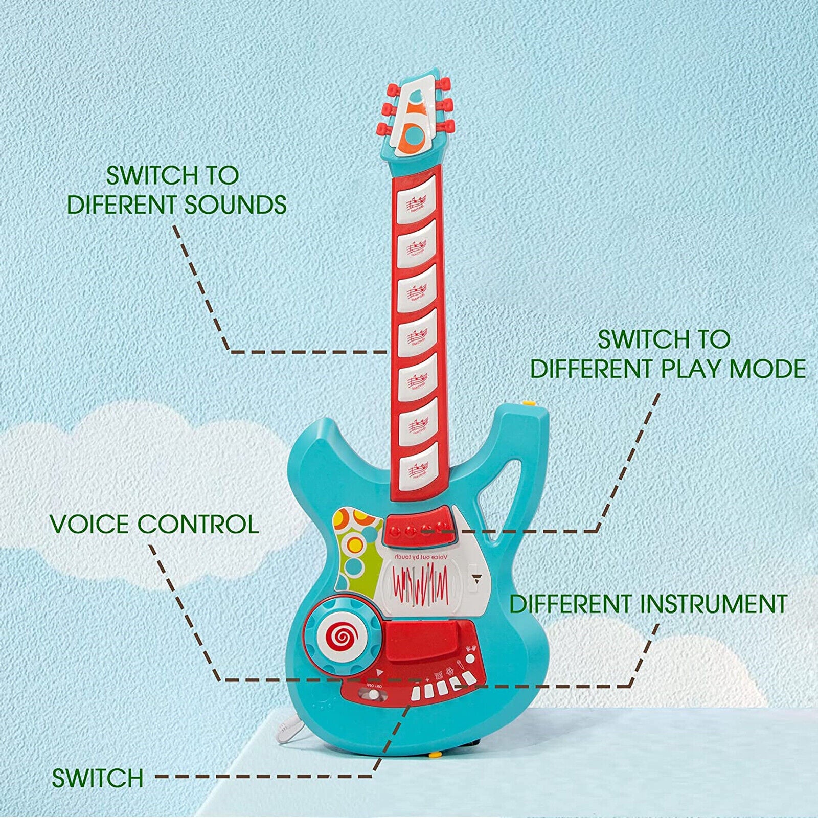 (Out of Stock) Kids Electric Guitar Play Set Toy with Microphone Speaker and Stand, Blue - Bosonshop