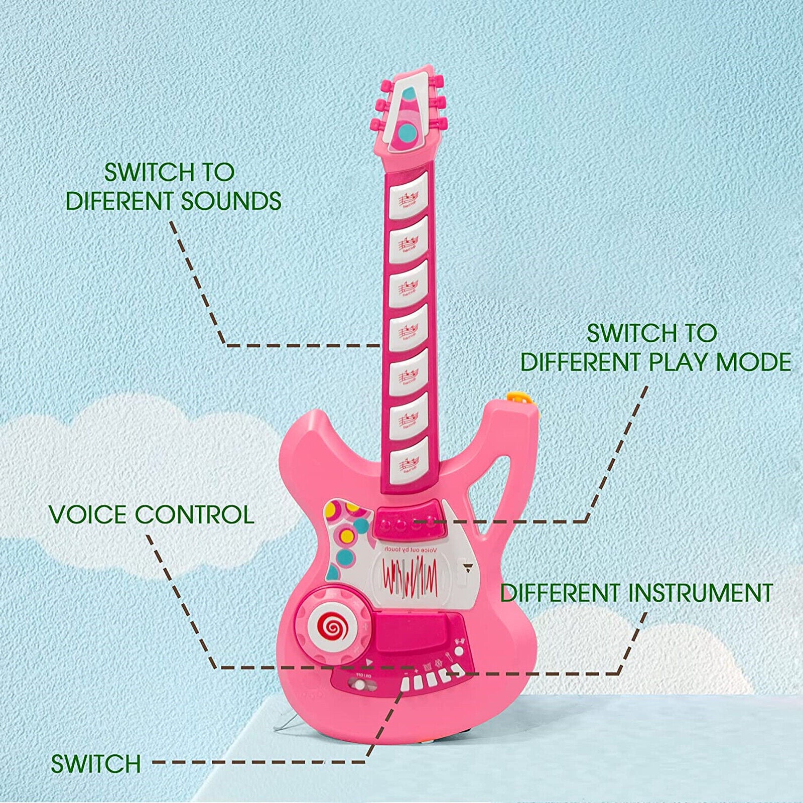 (Out of Stock) Kids Electric Guitar Beginner Kits Play Set with Microphone Speaker and Stand, Pink - Bosonshop