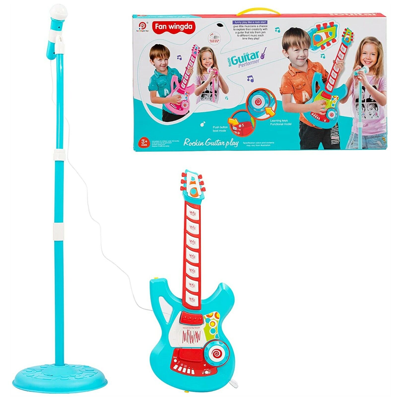 (Out of Stock) Kids Electric Guitar Play Set Toy with Microphone Speaker and Stand, Blue - Bosonshop