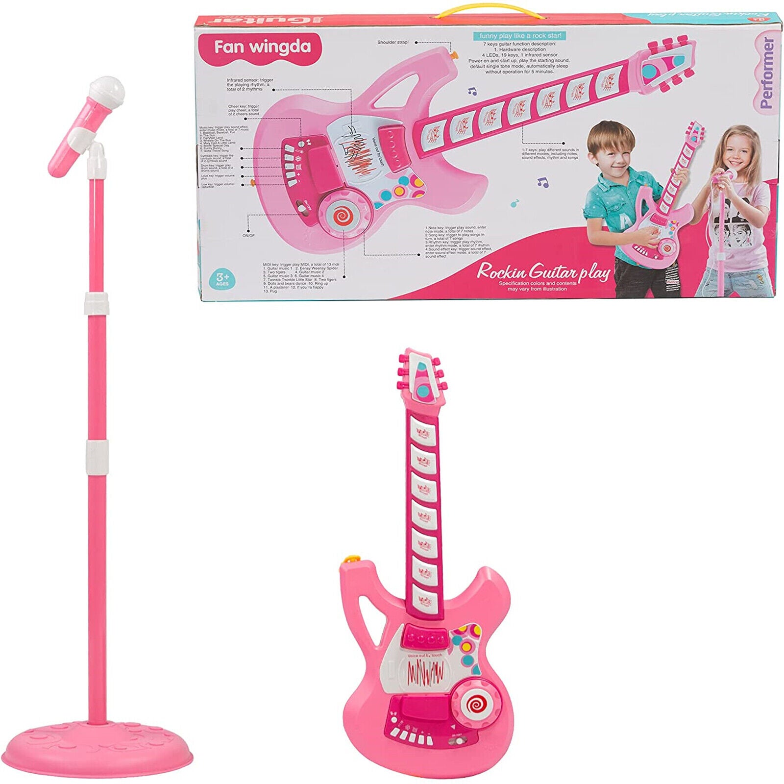 (Out of Stock) Kids Electric Guitar Beginner Kits Play Set with Microphone Speaker and Stand, Pink - Bosonshop