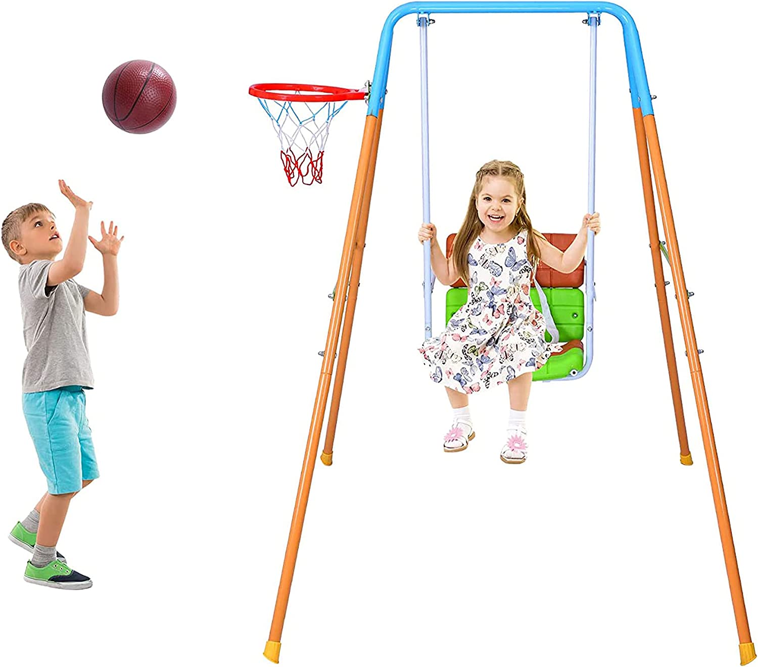 2 in 1 Kids Heavy Duty Steel Swing Seat Toddler Swing Playset Basketball Hoop Set with Ball and Pump - Bosonshop