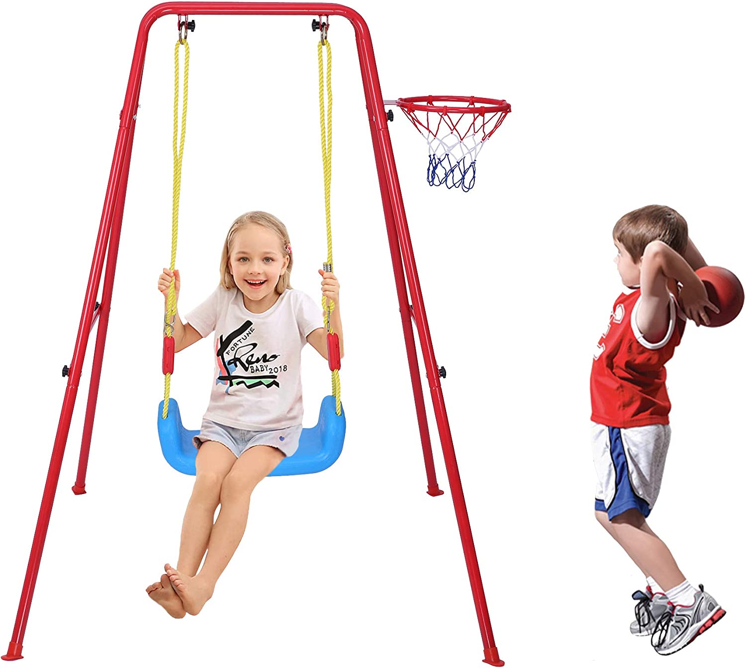 2 in 1 Metal Swing & Basketball Toddler Swing Set Kids Outdoor/Indoor Swing Seat Playset - Bosonshop