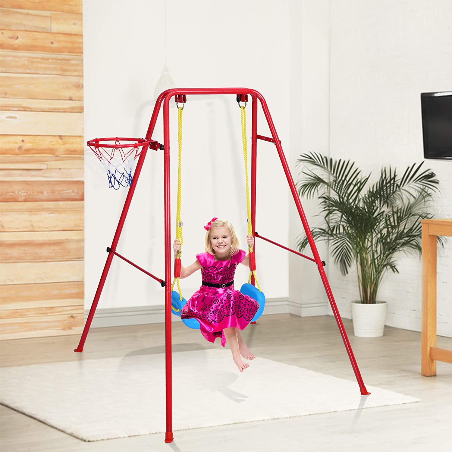 2 in 1 Metal Swing & Basketball Toddler Swing Set Kids Outdoor/Indoor Swing Seat Playset - Bosonshop