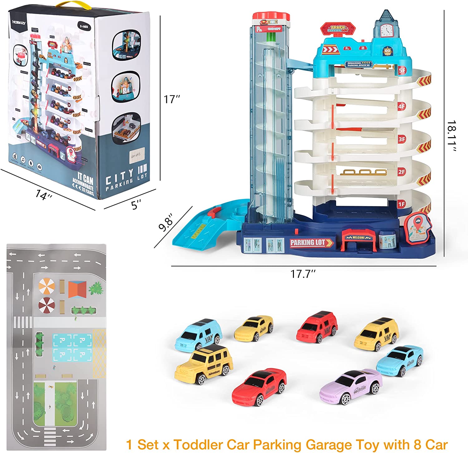 (Out of Stock) 5-Level Car Parking Garage Toy with Race Tracks, Car Ramp Set for 3+Year-Olds - Bosonshop