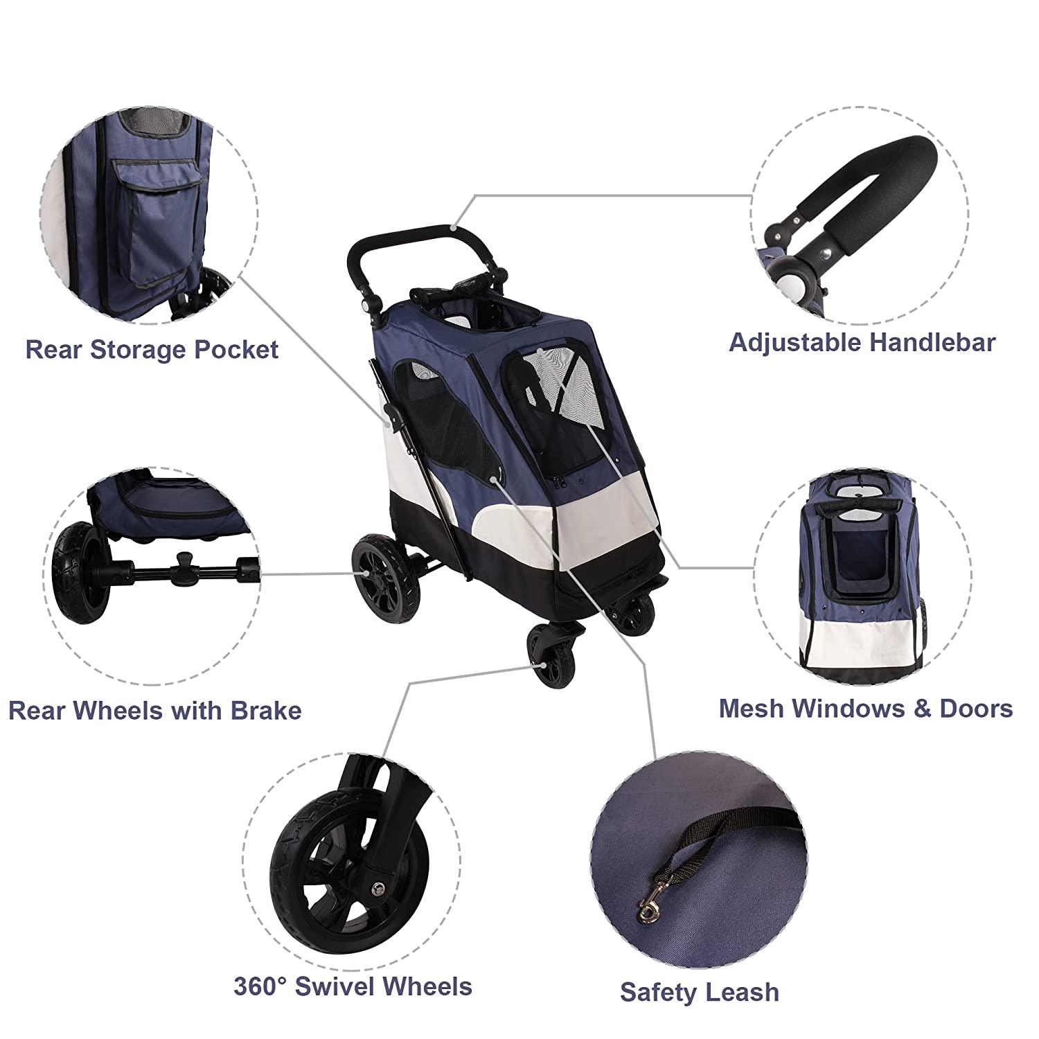 Foldable Travel Dog Stroller Pet Gear Stroller with Adjustable Handle & Mesh Window, Blue - Bosonshop