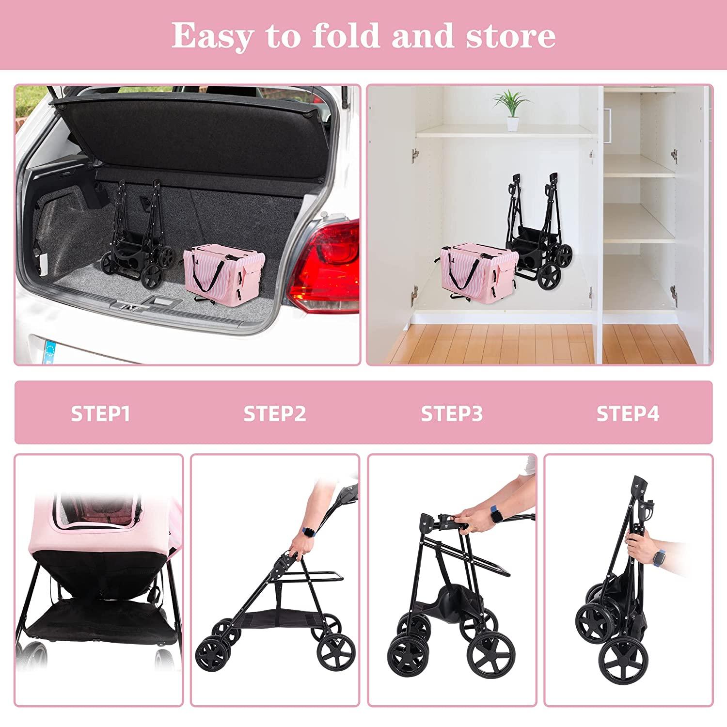 3-in-1 Folding Pet Stroller Travel Pet Gear Stroller with Detachable Carrier Bag & Water Cup Holder, Pink - Bosonshop