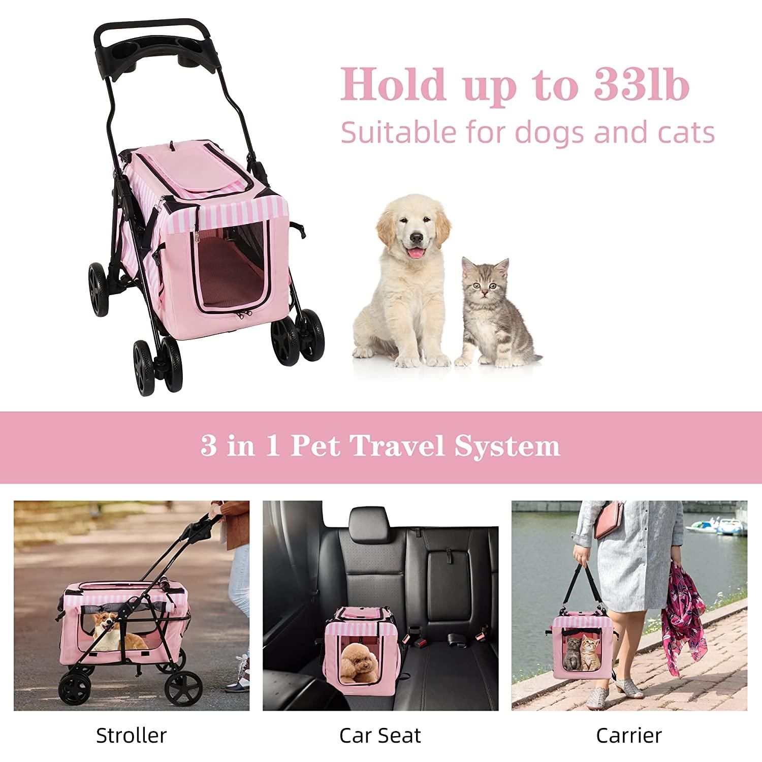 3-in-1 Folding Pet Stroller Travel Pet Gear Stroller with Detachable Carrier Bag & Water Cup Holder, Pink - Bosonshop