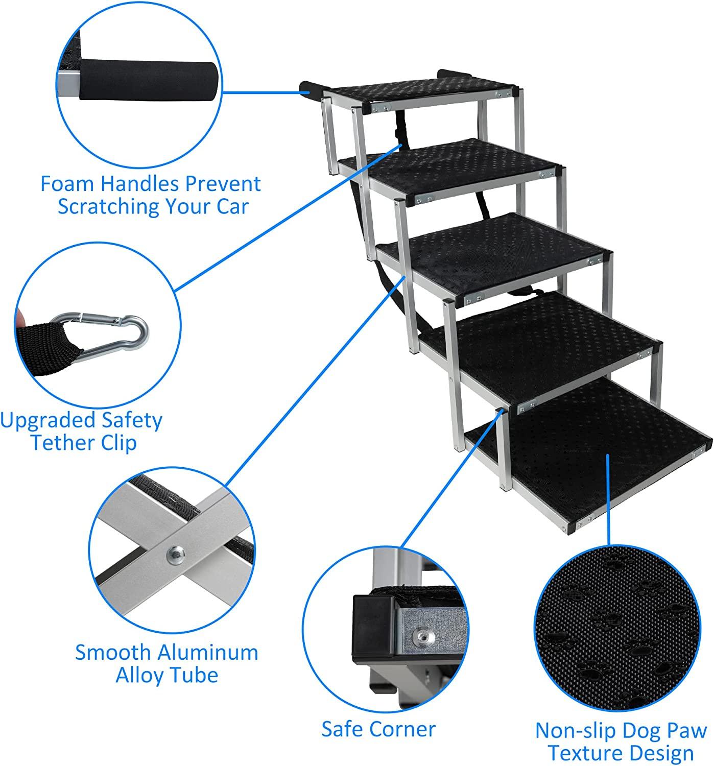 Foldable Aluminum Alloy 5 Steps Dog Stairs with Non-Slip Surface for Large Dogs, Supports up to 150 lbs - Bosonshop