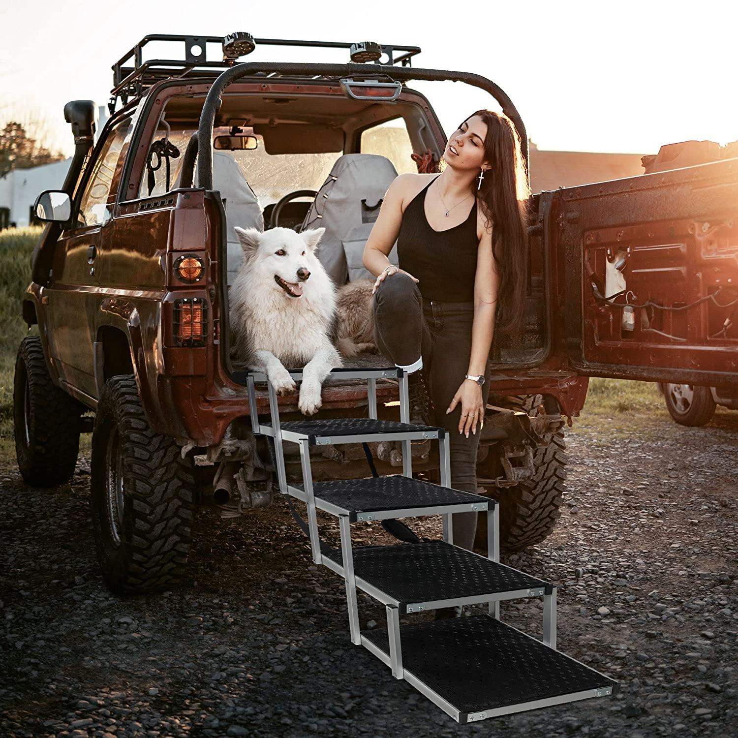 Foldable Aluminum Alloy 5 Steps Dog Stairs with Non-Slip Surface for Large Dogs, Supports up to 150 lbs - Bosonshop