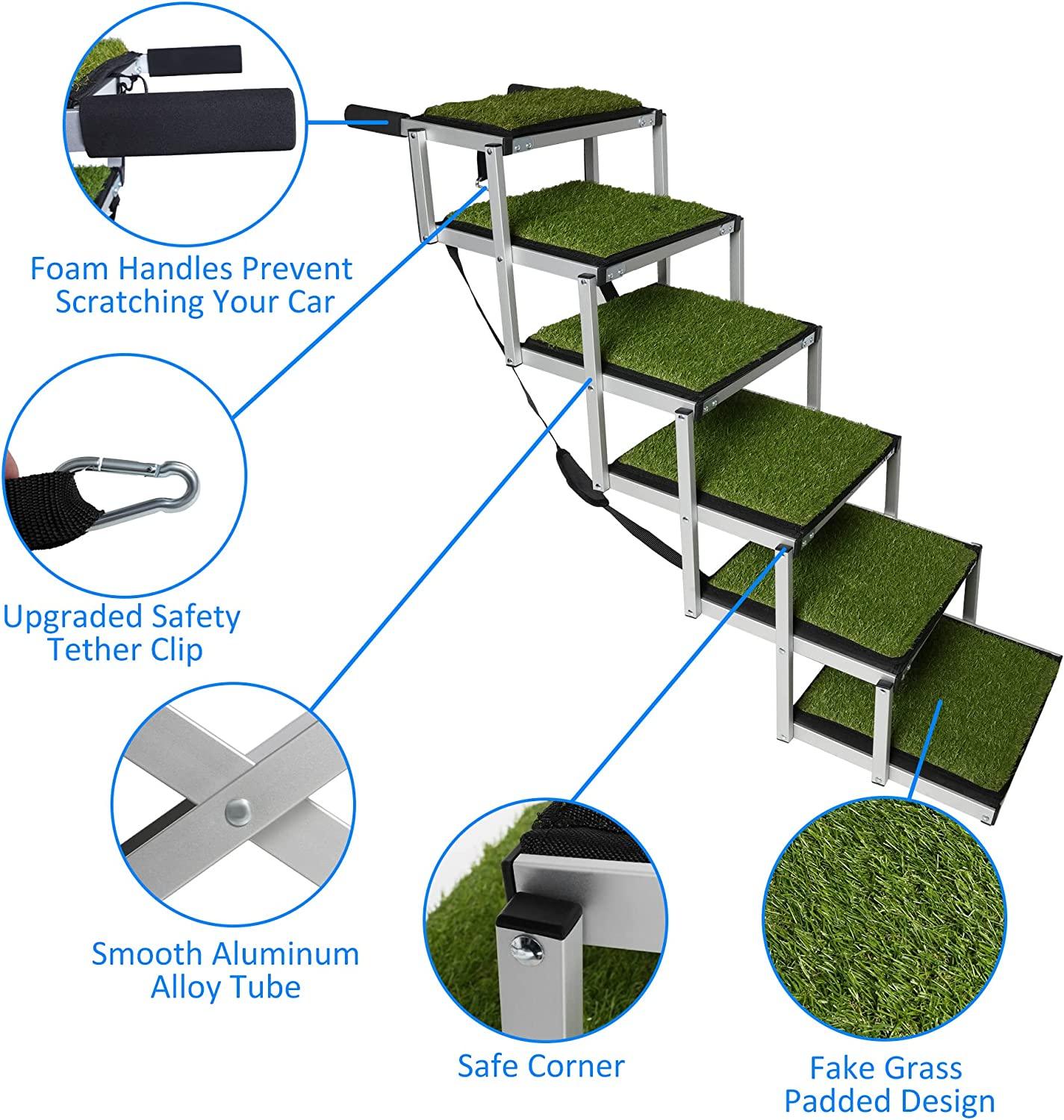 Foldable Aluminum Alloy 6 Steps Dog Stairs with Artificial Turf Non-Slip Surface for Large Dogs, Supports up to 150Lbs - Bosonshop