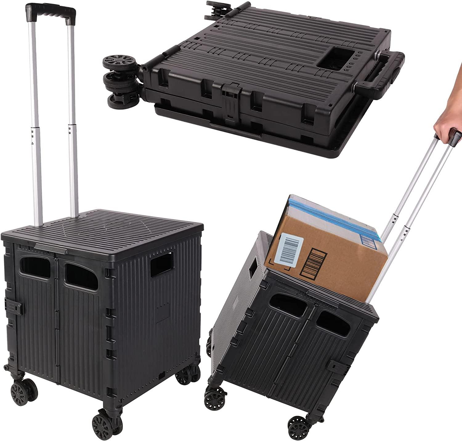 (Out of Stock) Foldable Portable Storage Rolling Utility Cart Crate with Telescoping Handle & Lid, Black - Bosonshop