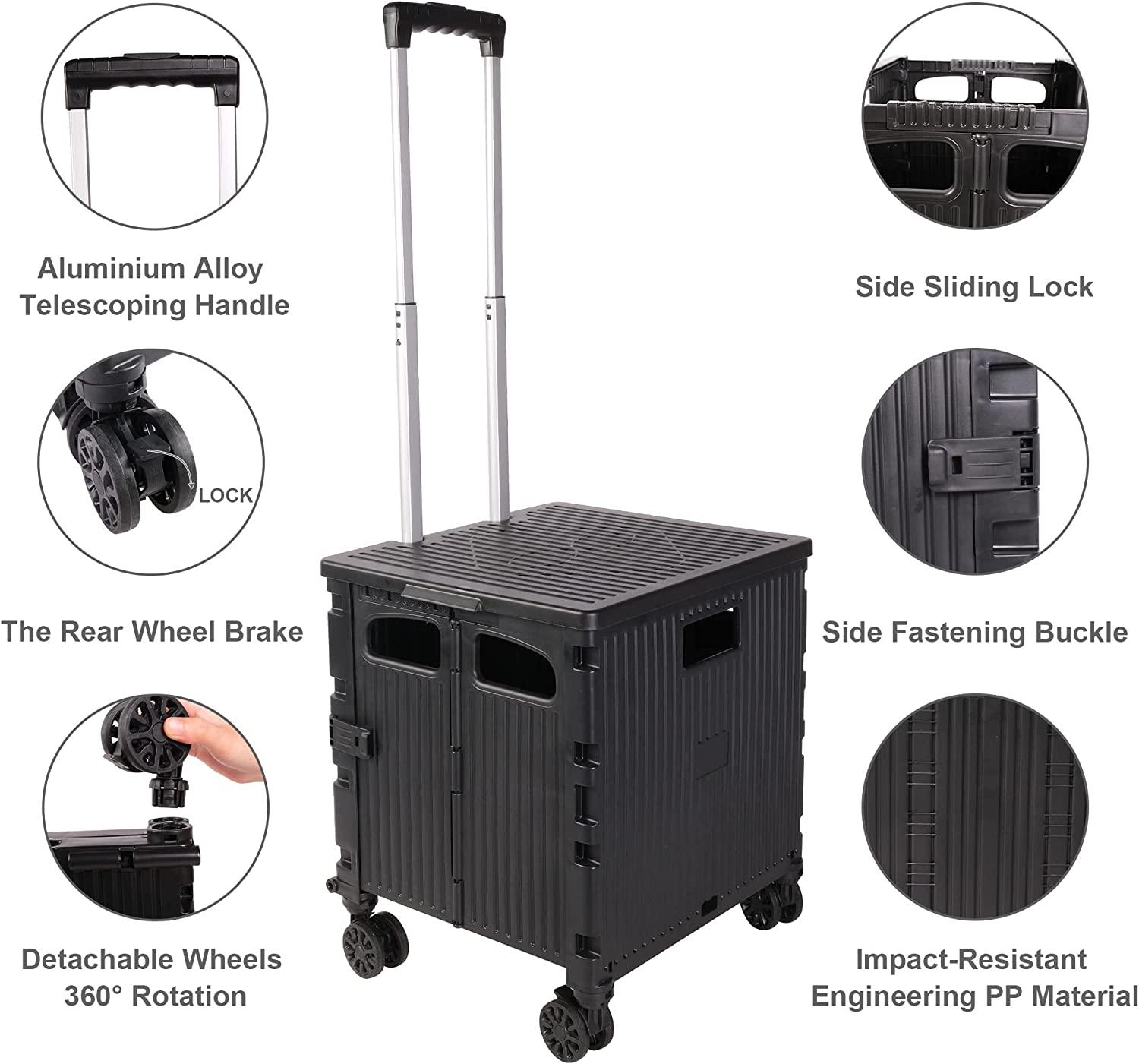 (Out of Stock) Foldable Portable Storage Rolling Utility Cart Crate with Telescoping Handle & Lid, Black - Bosonshop