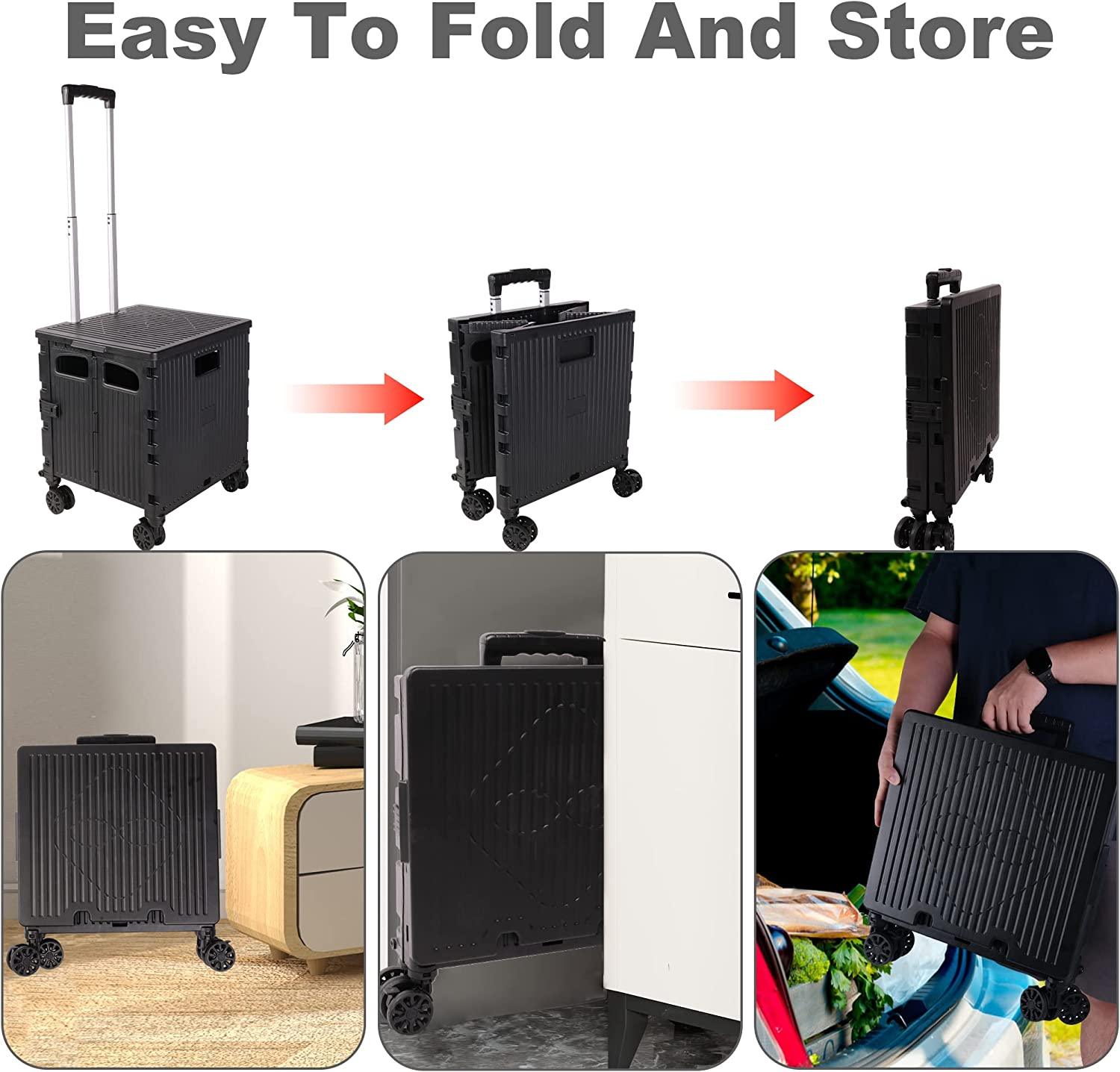 (Out of Stock) Foldable Portable Storage Rolling Utility Cart Crate with Telescoping Handle & Lid, Black - Bosonshop