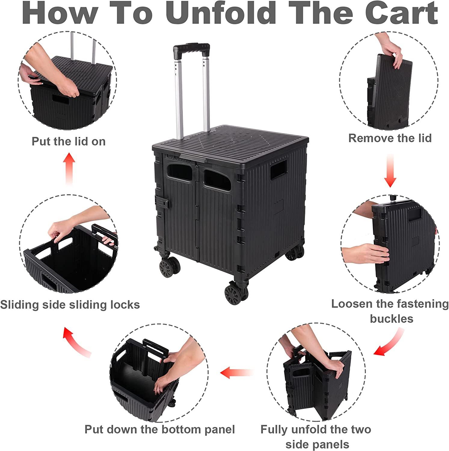 (Out of Stock) Foldable Portable Storage Rolling Utility Cart Crate with Telescoping Handle & Lid, Black - Bosonshop