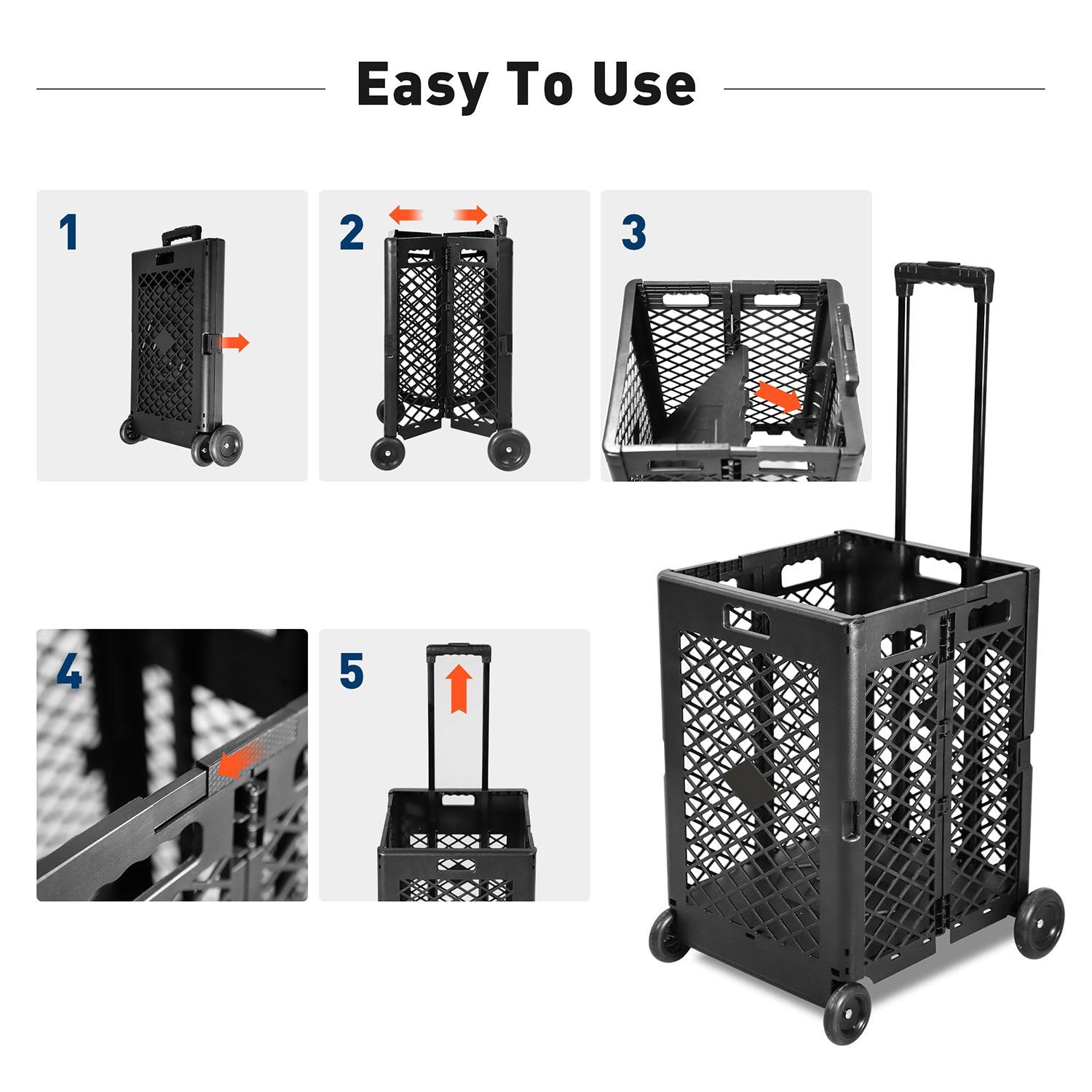 70L Foldable Rolling Cart Crate with Wheels Collapsible Basket with Telescopic Handle, Black - Bosonshop