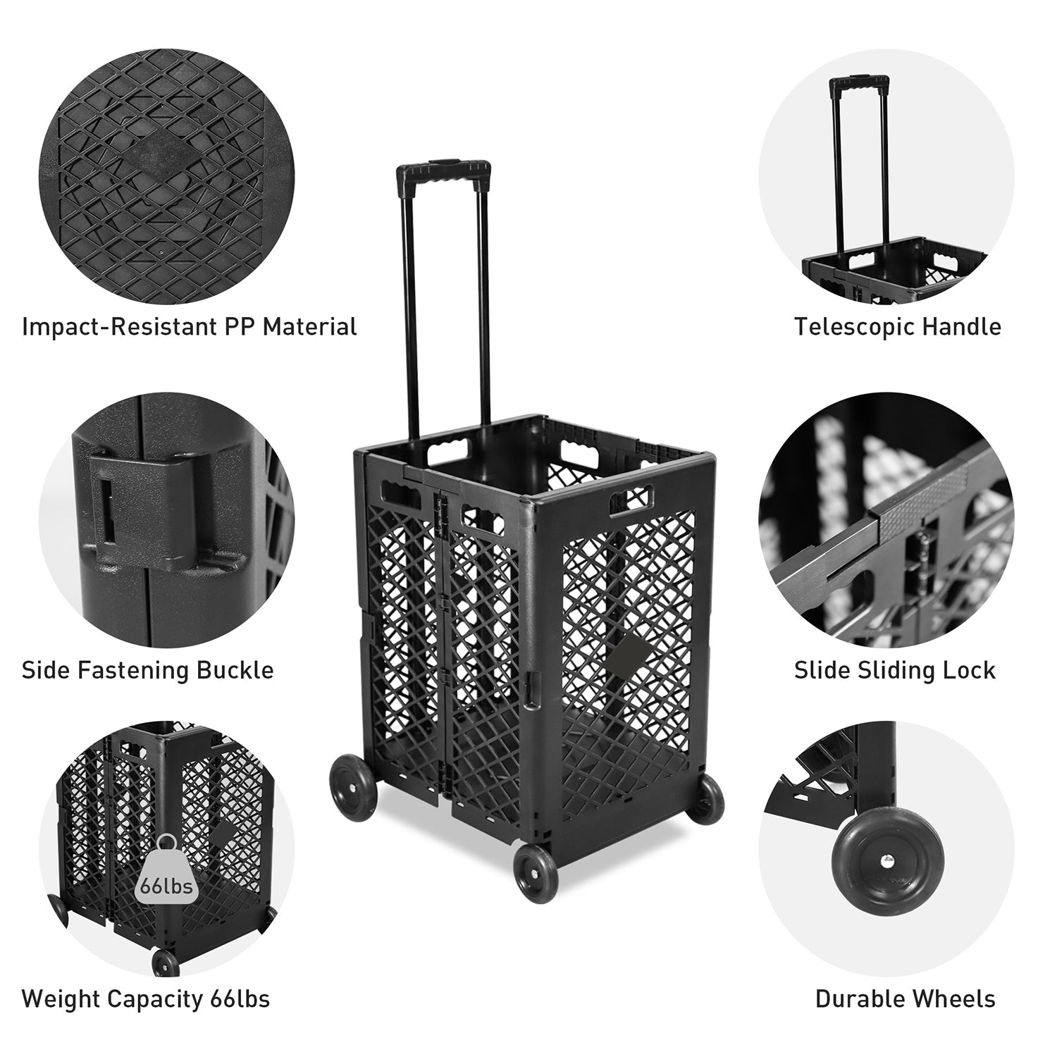 70L Foldable Rolling Cart Crate with Wheels Collapsible Basket with Telescopic Handle, Black - Bosonshop