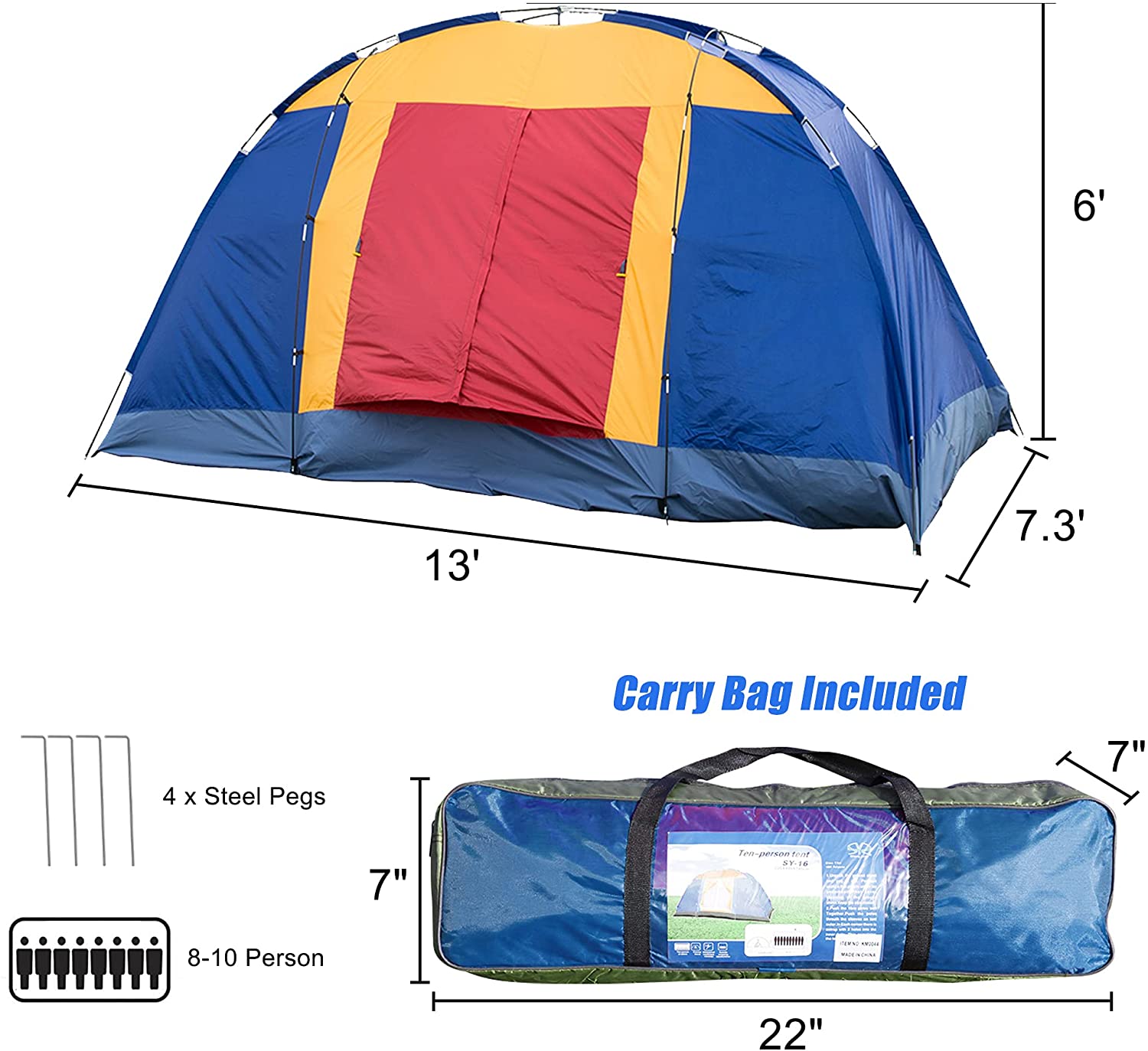 Outdoor Waterproof 8-Person Foldable Camping Tent w/ Carry Bag, Blue - Bosonshop