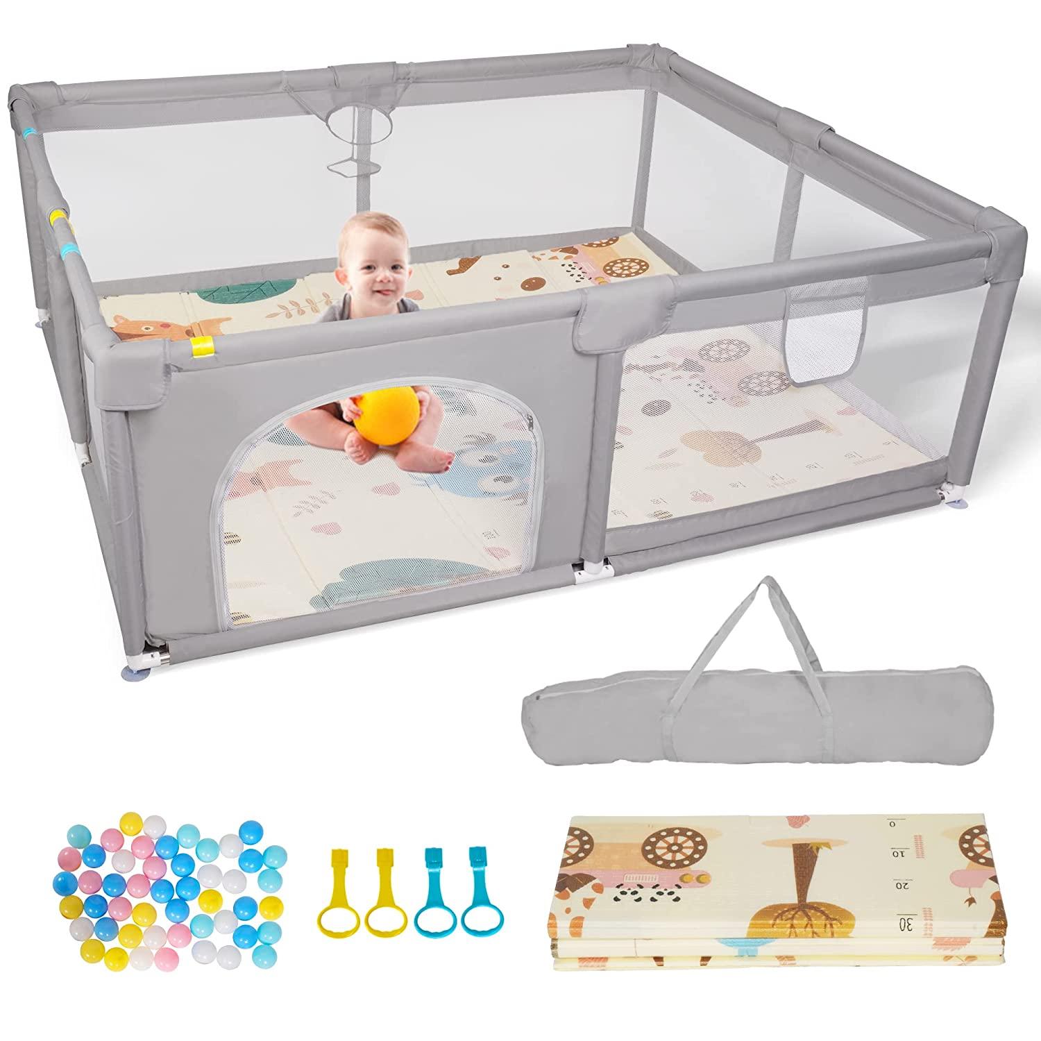 (Out of Stock) Portable Large Baby Playpen Fence Play Yards (71"x59") with Anti-Slip Bas, Mat Breathable & Mesh - Bosonshop