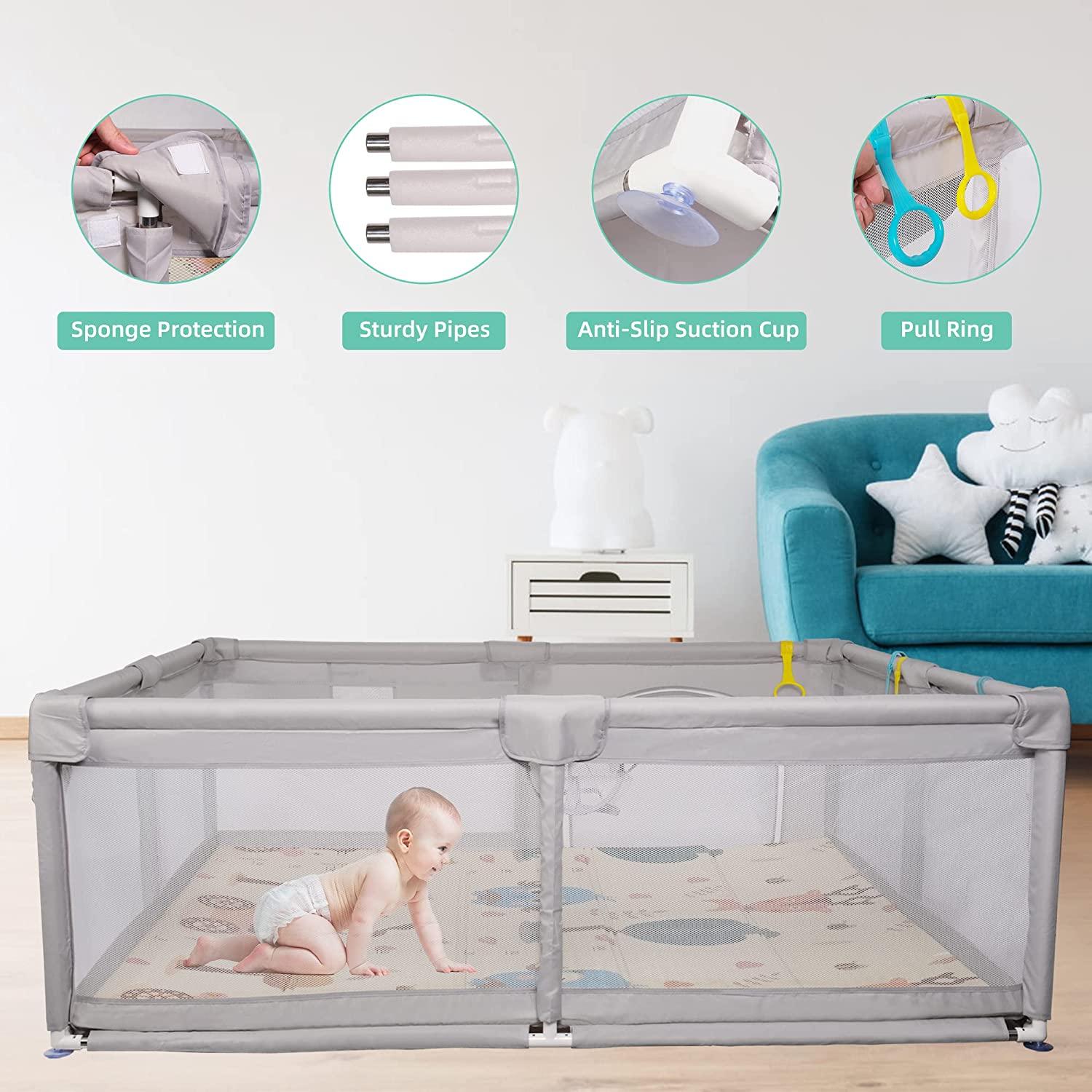 (Out of Stock) Portable Large Baby Playpen Fence Play Yards (71"x59") with Anti-Slip Bas, Mat Breathable & Mesh - Bosonshop