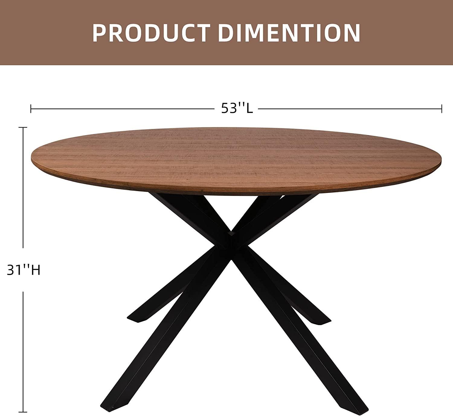 53" Mid-Century Modern Round Dining Room Table for 4-6 Person W/Solid Metal Legs, Walnut - Bosonshop