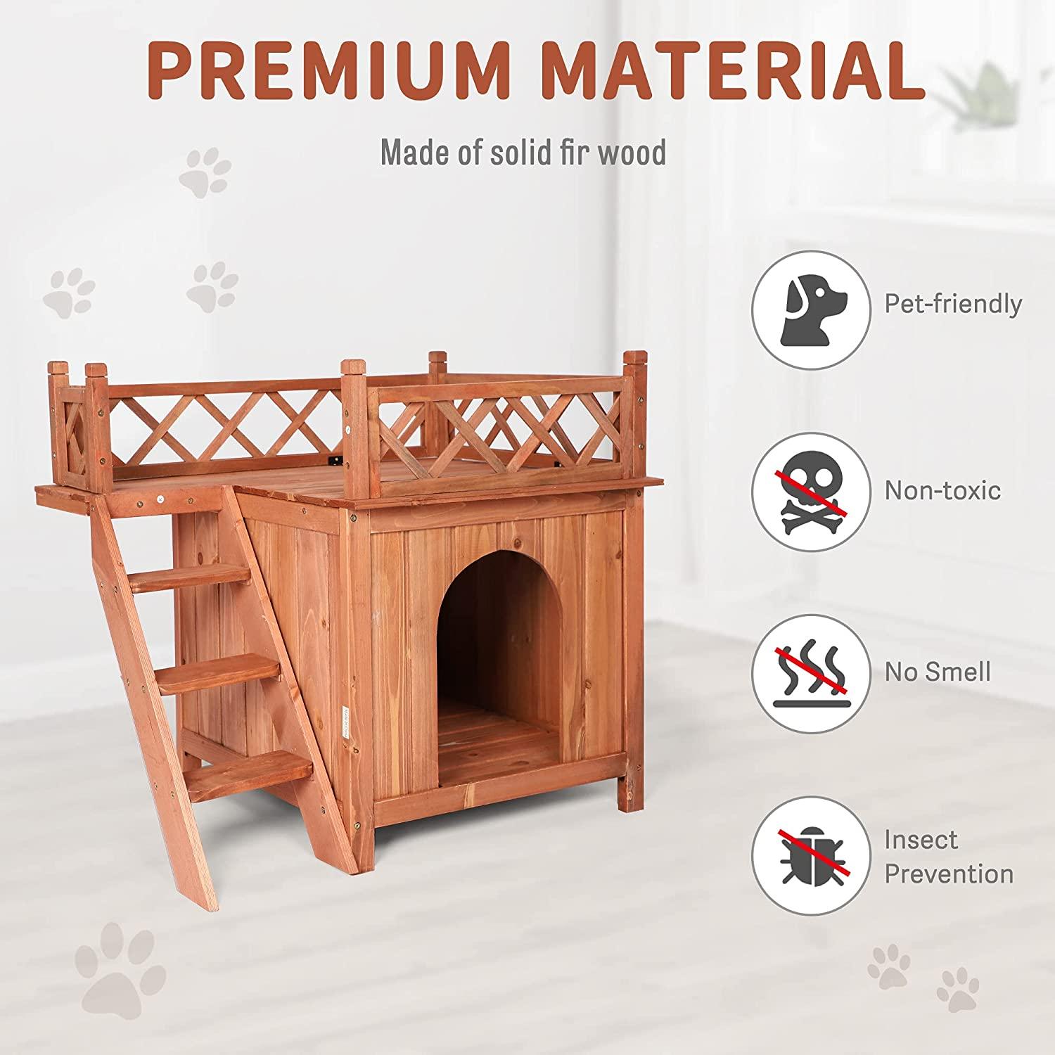 Pet Dog House, 2-Story Weather Resistant Wooden Kennel with Roof Balcony and Stairs - Bosonshop