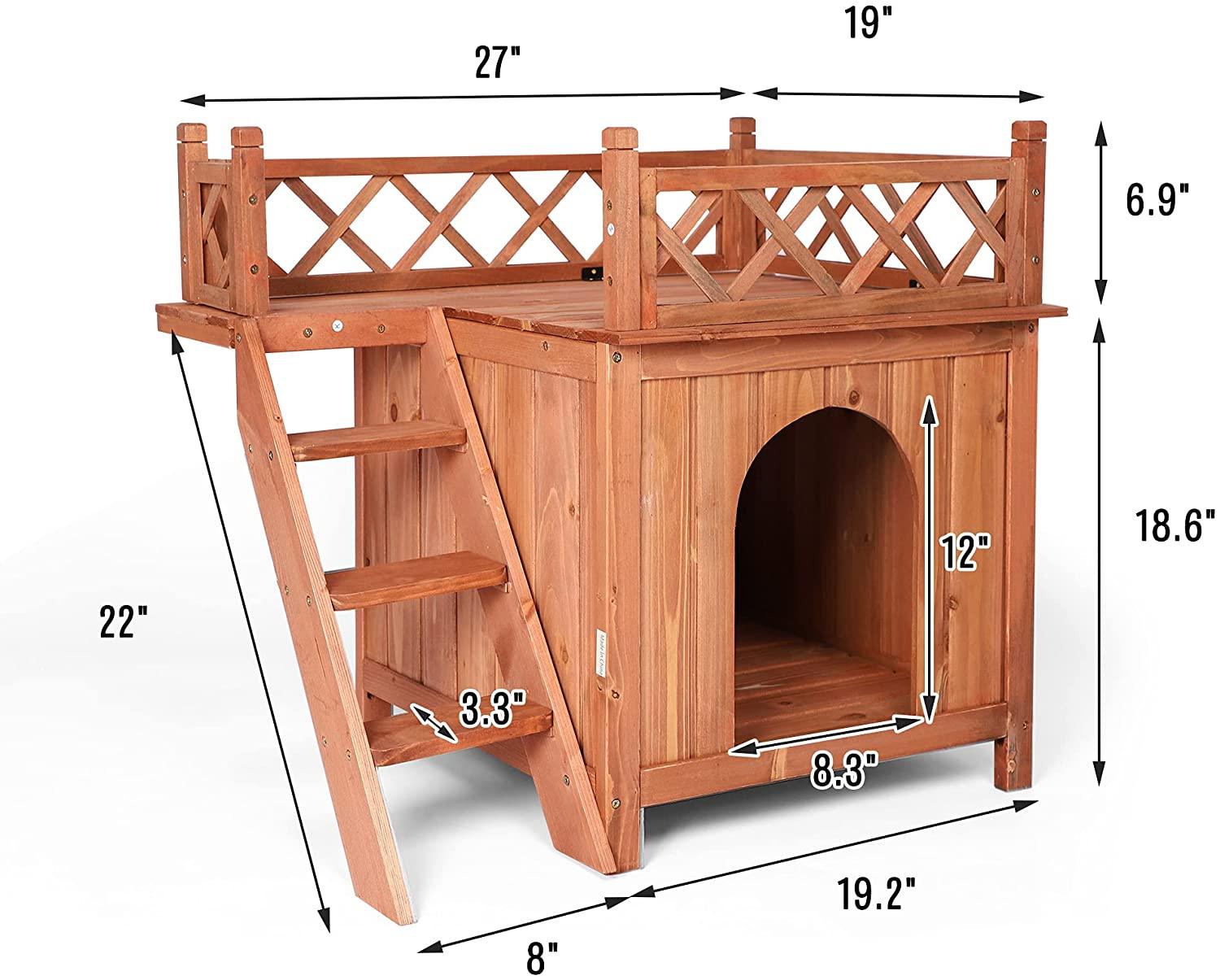 Pet Dog House, 2-Story Weather Resistant Wooden Kennel with Roof Balcony and Stairs - Bosonshop