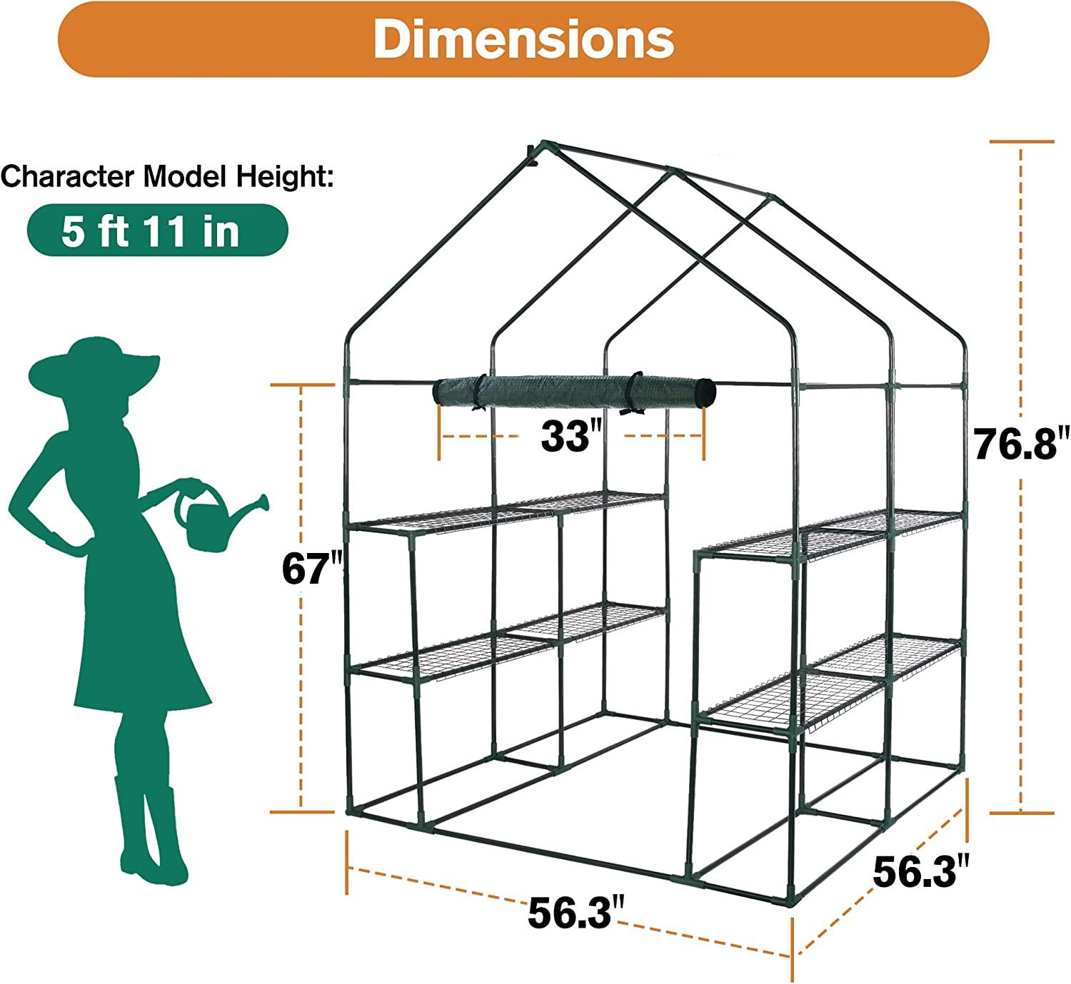 8 Shelves 3 Tiers Walk-in Greenhouse 56.3"L x 56.3"W x 76.8"H Portable Walk In Outdoor Planter House w/ Pegs Ropes - Bosonshop