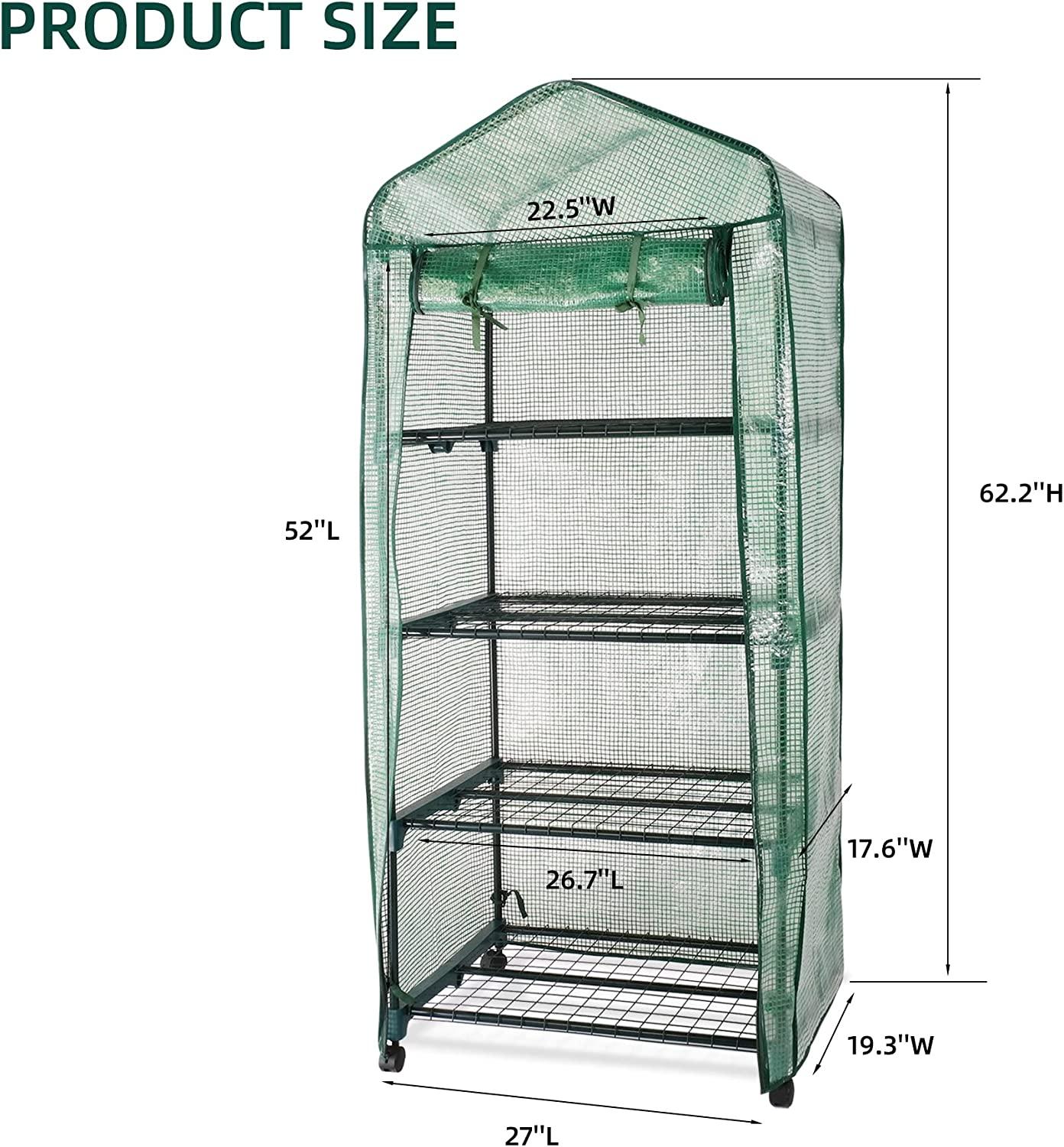 4-Tier Mini Greenhouse on Casters, Outdoor and Indoor Gardening Plant Greenhouse, Sturdy Gardening Shelves with PVC Cover and Rolling Zipper Door, Green, 27''Lx19.3''Wx62.2''H - Bosonshop