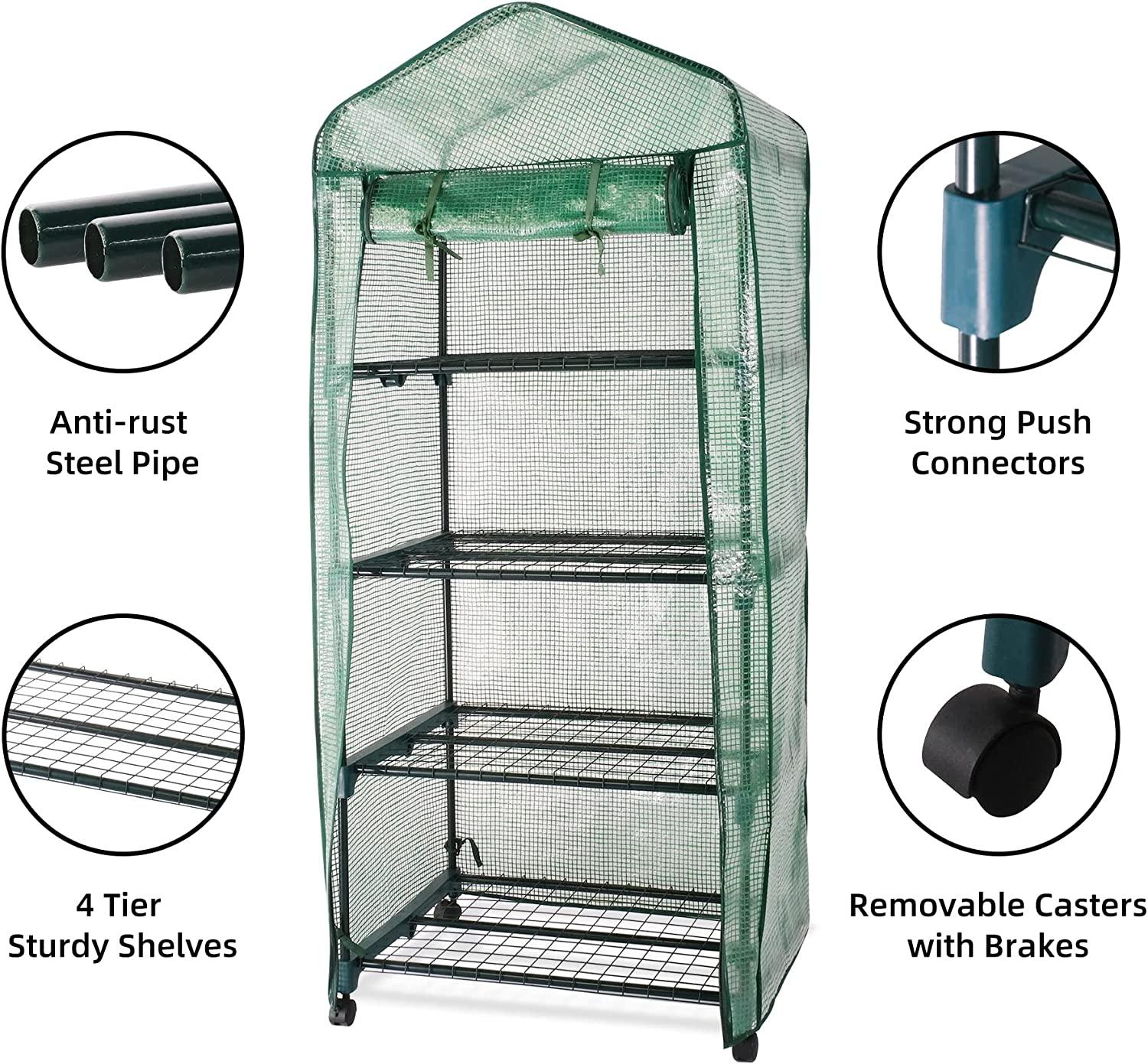 4-Tier Mini Greenhouse on Casters, Outdoor and Indoor Gardening Plant Greenhouse, Sturdy Gardening Shelves with PVC Cover and Rolling Zipper Door, Green, 27''Lx19.3''Wx62.2''H - Bosonshop