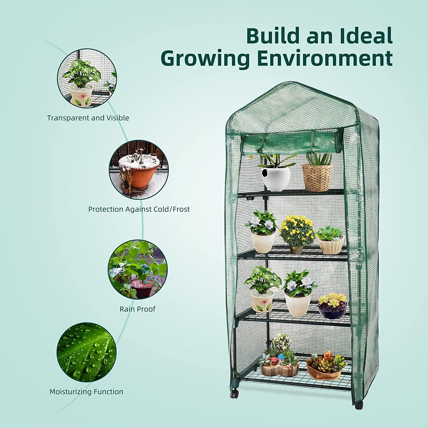 4-Tier Mini Greenhouse on Casters, Outdoor and Indoor Gardening Plant Greenhouse, Sturdy Gardening Shelves with PVC Cover and Rolling Zipper Door, Green, 27''Lx19.3''Wx62.2''H - Bosonshop