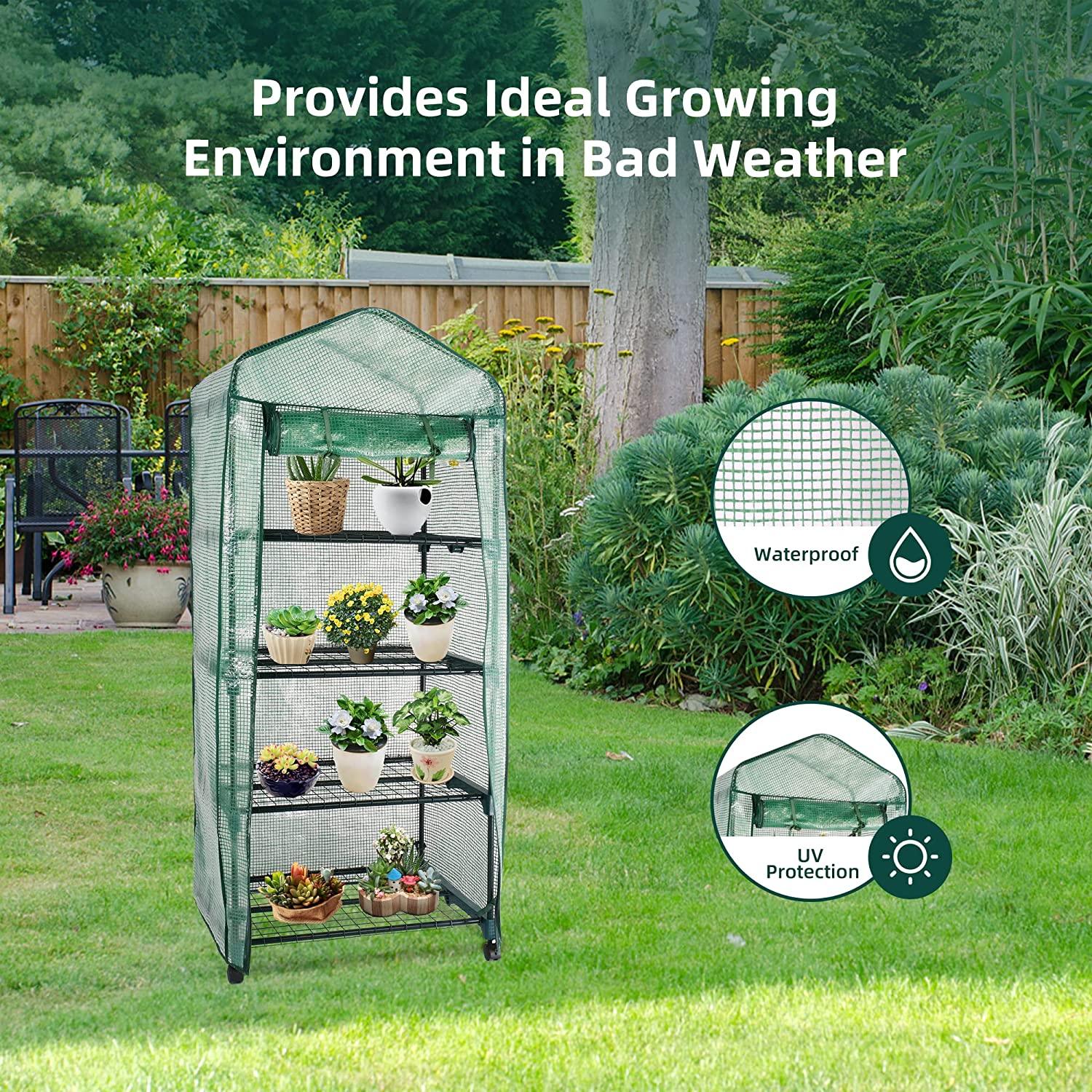 4-Tier Mini Greenhouse on Casters, Outdoor and Indoor Gardening Plant Greenhouse, Sturdy Gardening Shelves with PVC Cover and Rolling Zipper Door, Green, 27''Lx19.3''Wx62.2''H - Bosonshop