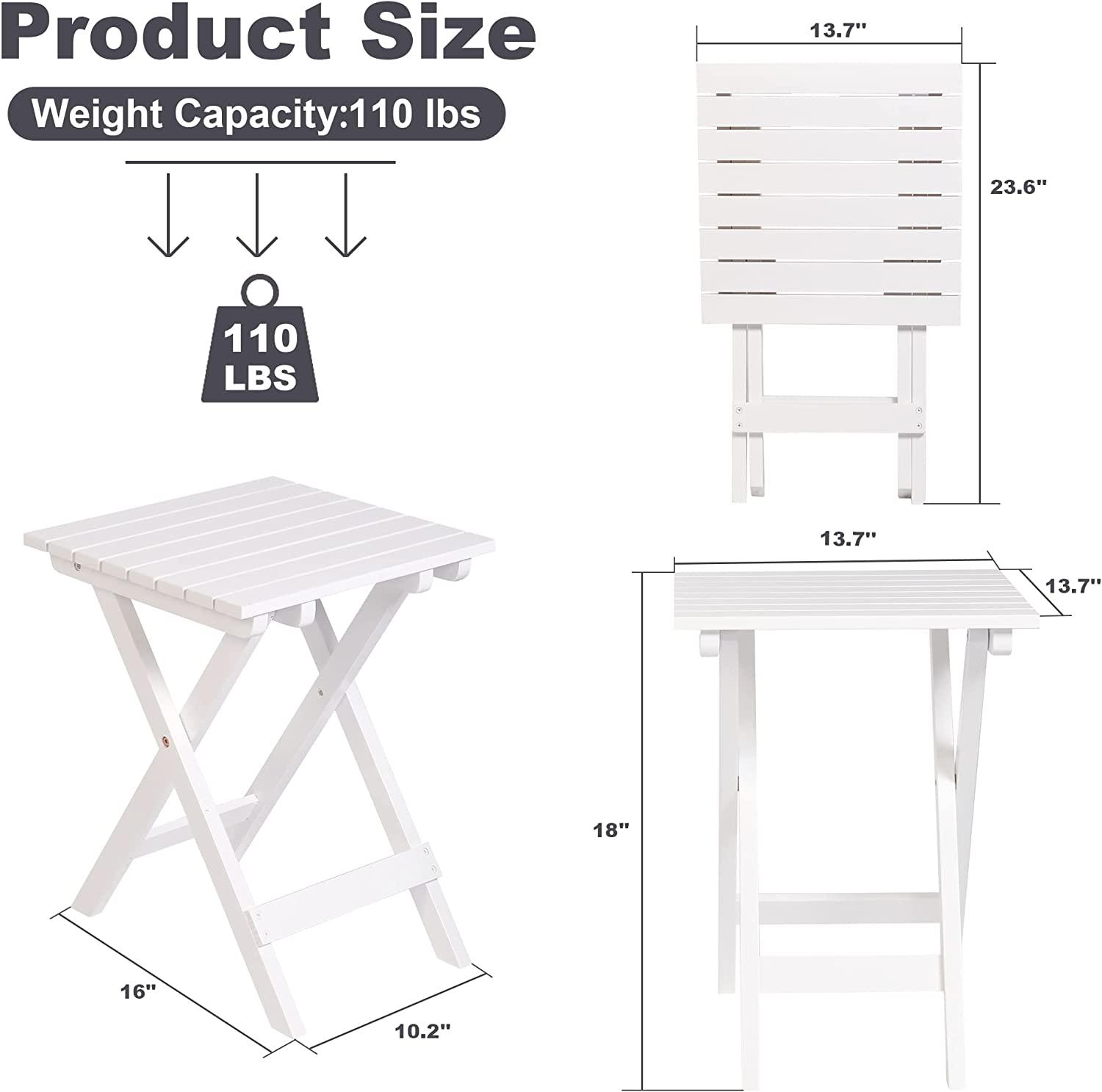 Outdoor Wooden Folding Square Side Table, Portable Lounge End Table, White - Bosonshop