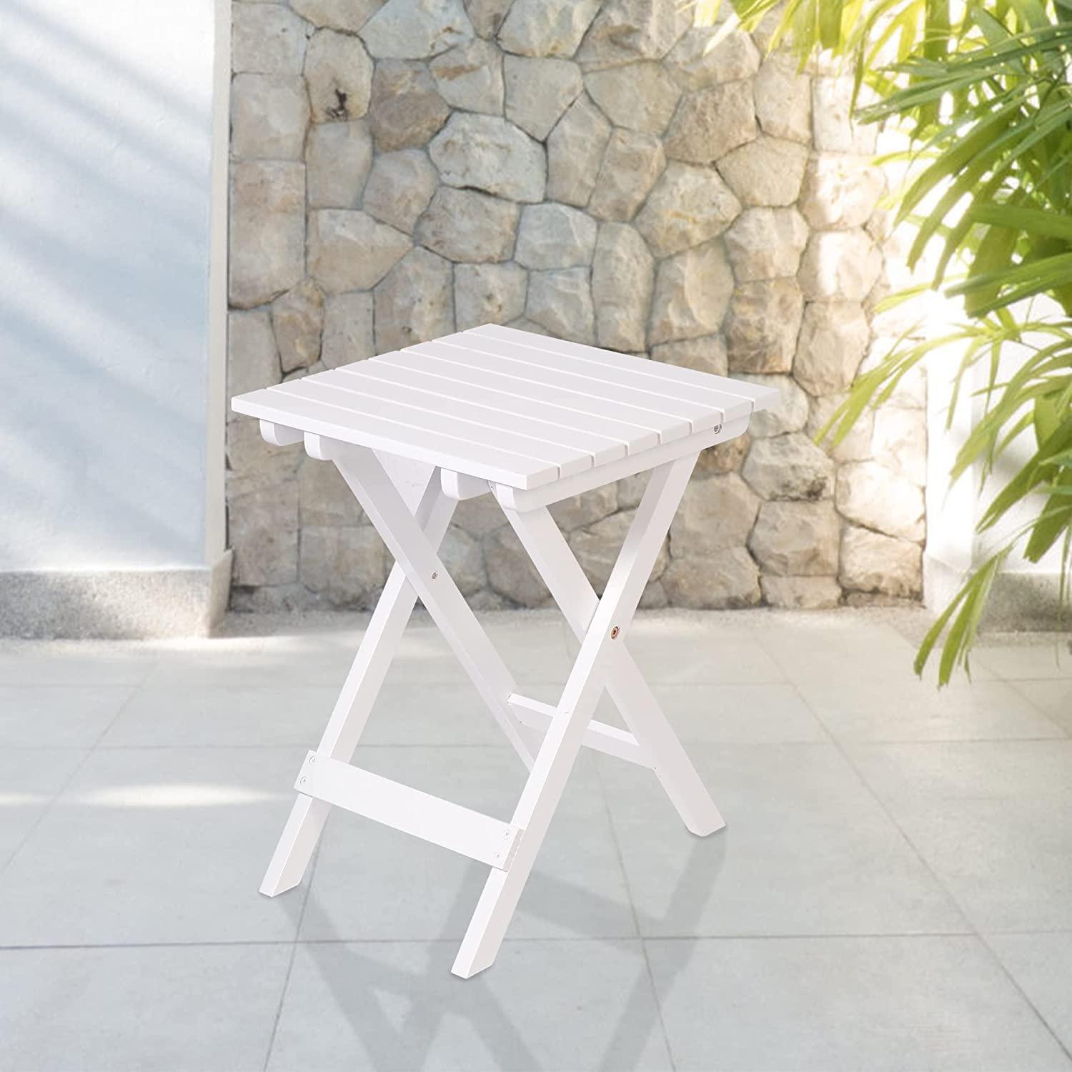 Outdoor Wooden Folding Square Side Table, Portable Lounge End Table, White - Bosonshop