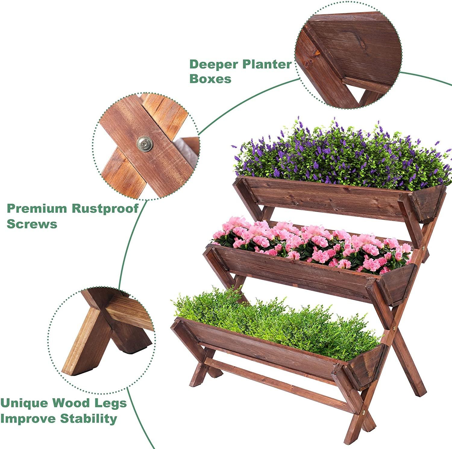 3 Tier Wooden Planter Box Container Freestanding Raised Garden Bed with Drain Holes - Bosonshop