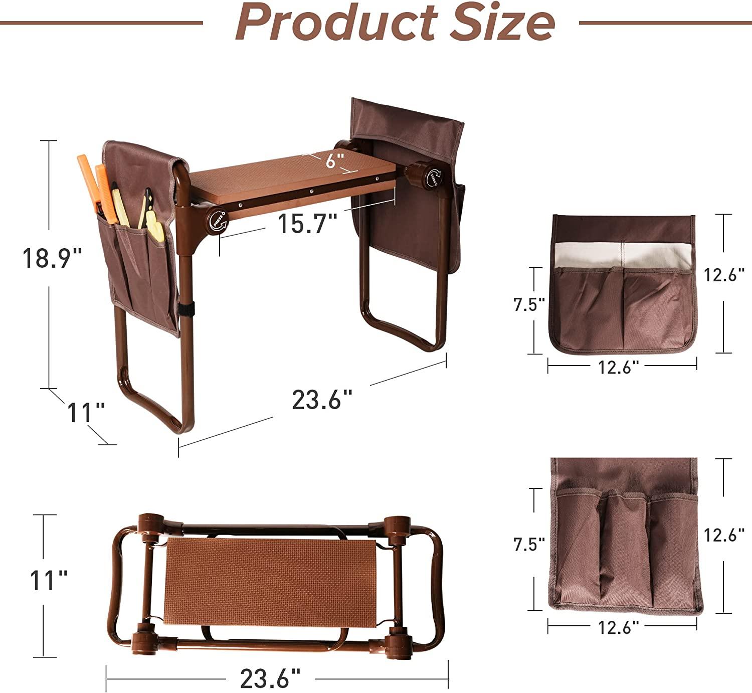 Garden Kneeler Seat Stool Garden Folding Bench with 2 Tool Pouches & EVA Foam Kneeling Pad, Brown - Bosonshop