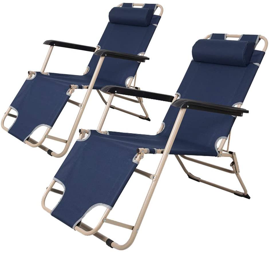 Set of 2 Outdoor Reclining Lounge Chairs Adjustable Folding Patio Recliners with Pillow, Dark Blue - Bosonshop