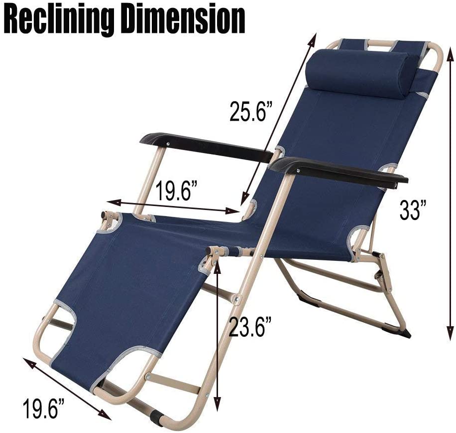 Set of 2 Outdoor Reclining Lounge Chairs Adjustable Folding Patio Recliners with Pillow, Dark Blue - Bosonshop