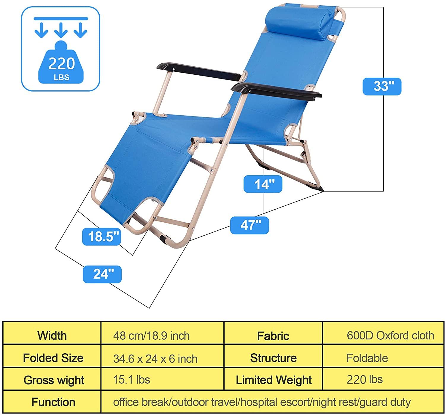 Set of 2 Portable Reclining Lounge Patio Chairs Folding Outdoor Chairs for Outdoor Lawn Beach Pool Camping, Blue - Bosonshop