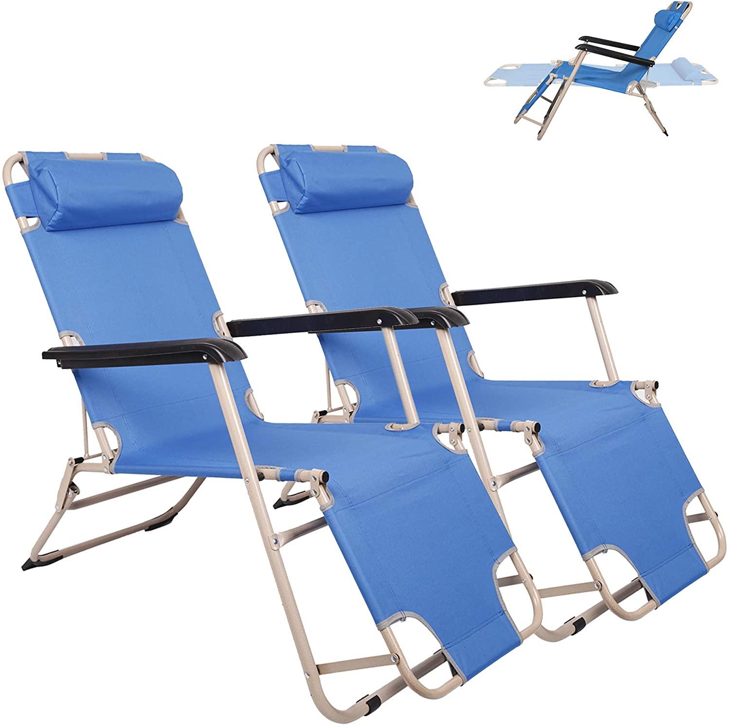 Set of 2 Portable Reclining Lounge Patio Chairs Folding Outdoor Chairs for Outdoor Lawn Beach Pool Camping, Blue - Bosonshop