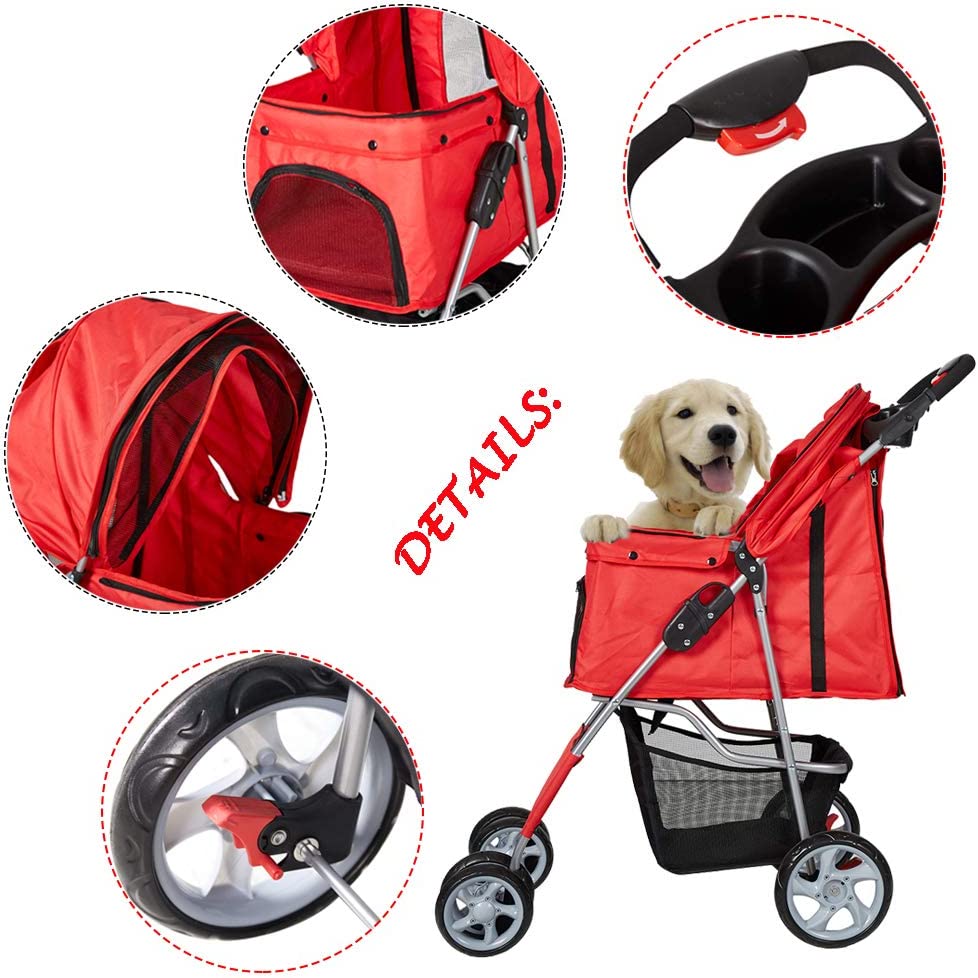 Folding Pet Stroller Elite Jogger Kitten Puppy Easy Walk Dog Cat Small Animals Travel Carrier, Red - Bosonshop